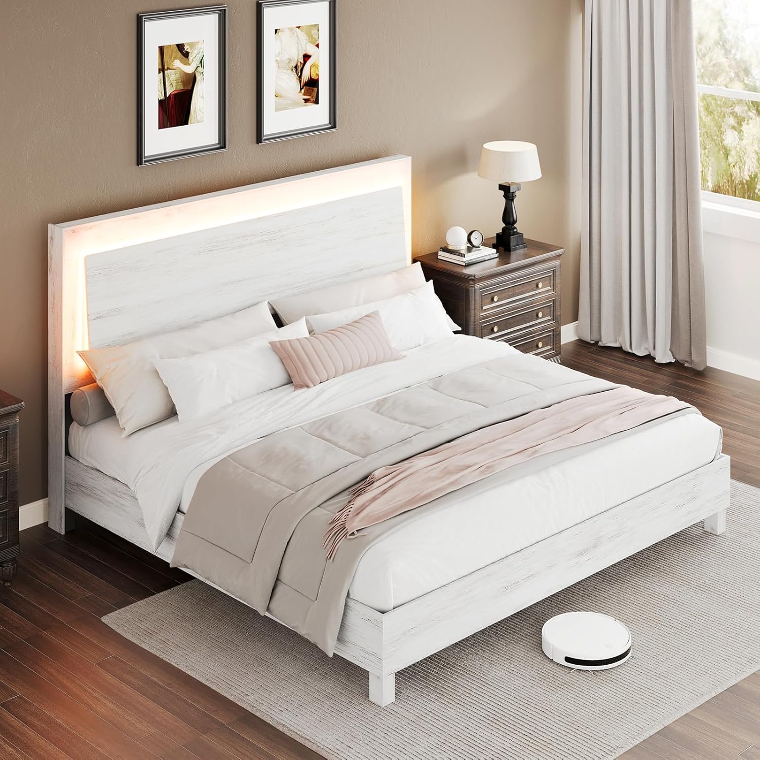 クイーンベッドフレーム 木製スラット LEDライト付き クイーンベッド