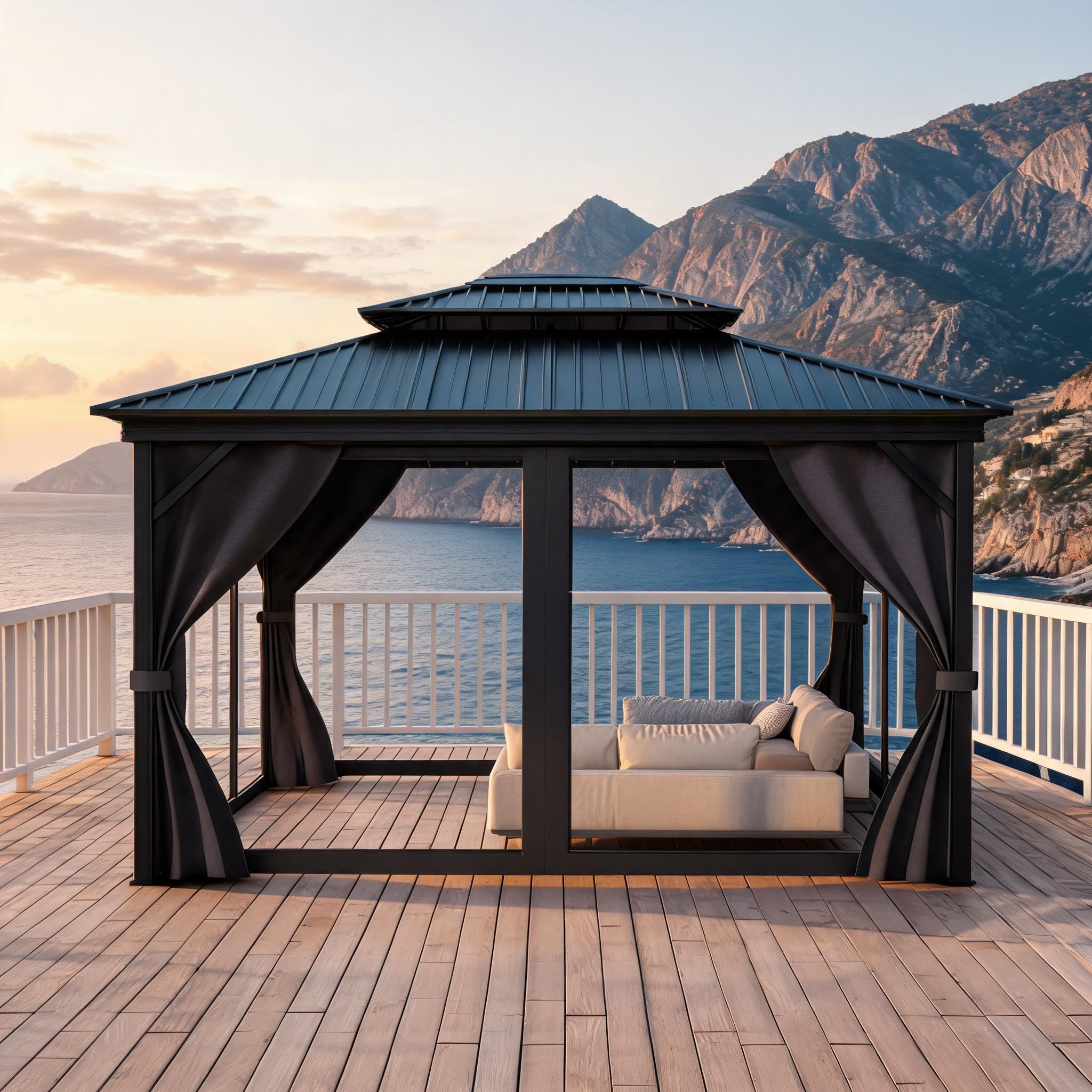 Photo 1 of **4 box**GarveeLife 12 ft x14 ft Hardtop Gazebo for All Weather, with Double Metal Roof, Aluminum Alloy Frame, Net, and Curtain, Permanent Building for Patio, Deck, Backyard, Lawn, and Garden, Gray