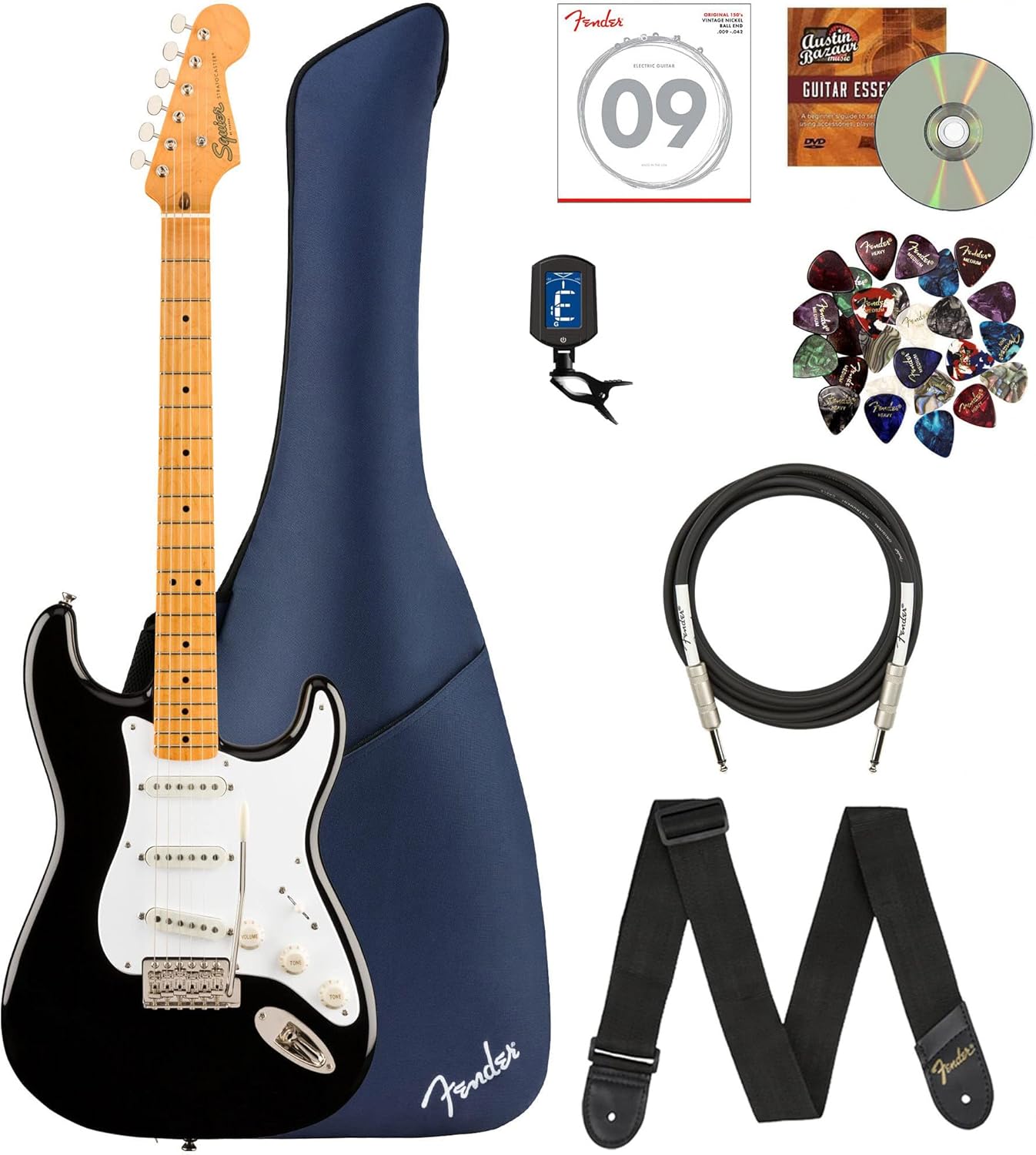 Fender Squier Classic Vibe '50s Stratocaster - Black Bundle with Gig Bag, Instrument Cable, Tuner, Strap, Strings, Picks, and Austin Bazaar Instructional DVD