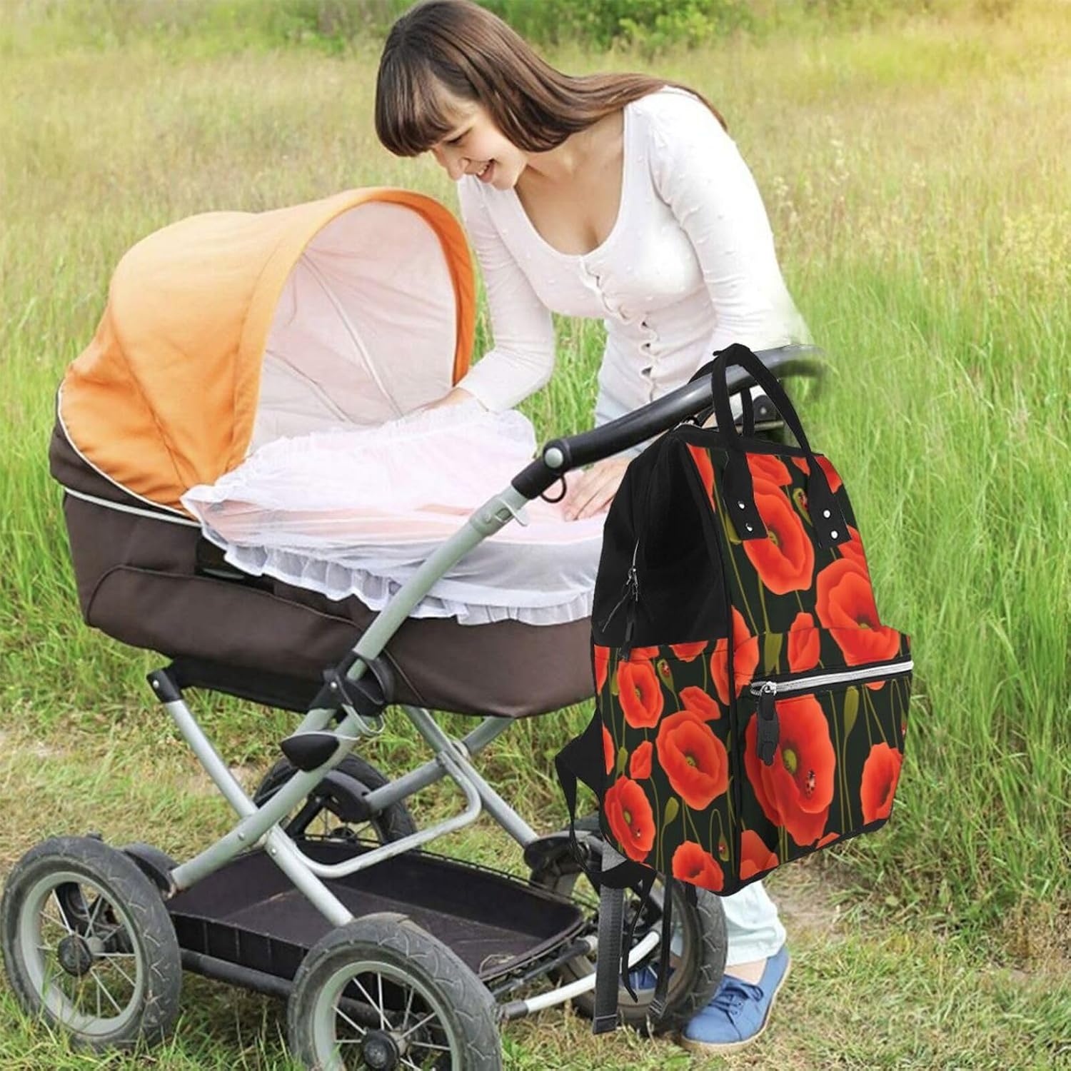 Elegant poppy flowers Print Mummy backpack Large, Waterproof,Adjustable Straps for Outdoor Activities