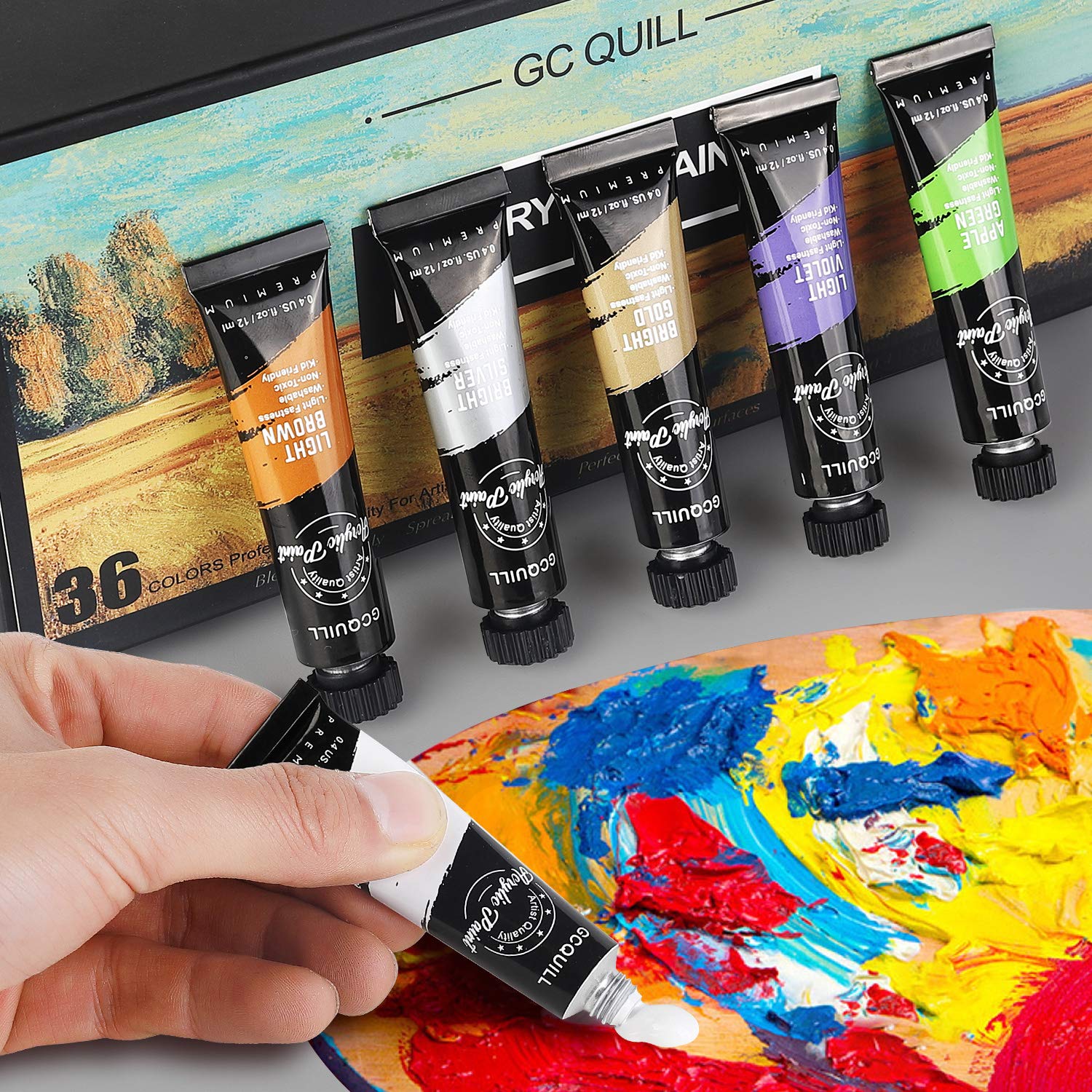 36 tubes de peinture acrylique 12 ml avec pinceaux, palette, couteaux, toile, chevalet - pour peinture sur bois, céramique, tissu, travaux manuels GC-APK36