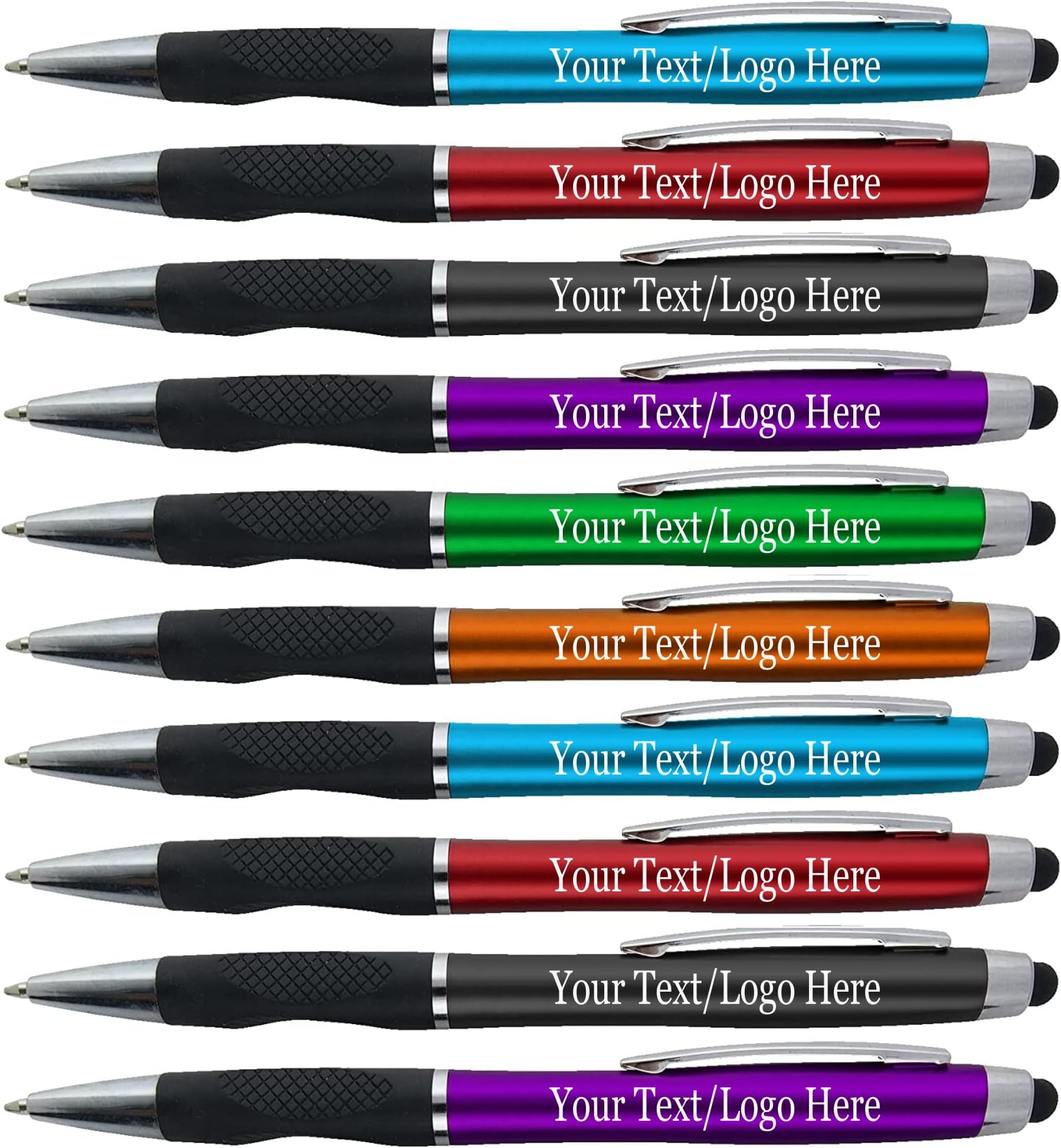 Personalized Pens With your Custom Logo or Text-300 Pack Bulk-for Businesses, Parties, and Events, 2 in 1 Ballpoint Pen + Capacitive Stylus for Touchscreen Devices, Dark Assorted Barrels, Black Ink