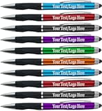 Personalized Pens With your Custom Logo or Text-300 Pack Bulk-for Businesses, Parties, and Events, 2 in 1 Ballpoint Pen + Capacitive Stylus for Touchscreen Devices, Dark Assorted Barrels, Blue Ink