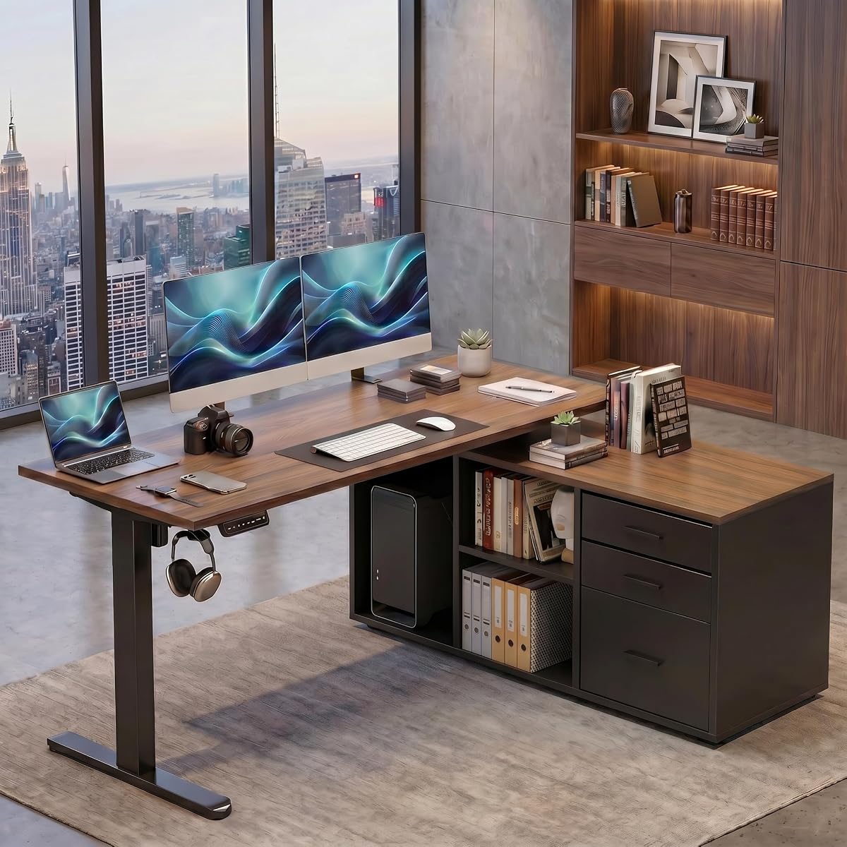 55″ L Shaped Standing Desk with Drawers, Height Adjustable,Walnut | Electric Executive Desk with File Cabinet Sets, 4 Memory Presets, One-Whole Piece Desktop, Office Stand Up Computer Desk