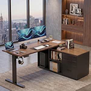 HUANUO 55" L-Shaped Standing Desk with Drawers, Height Adjustable, Walnut