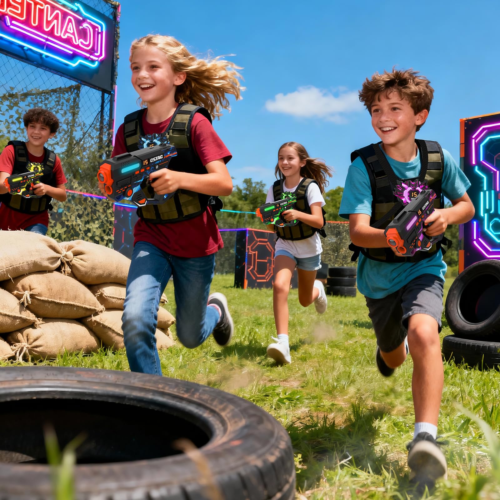 VATOS Juego de Laser Tag recargable con sensores de 360° para 4 jugadores, 2,4 GHz de infrarrojos con visualización de datos en tiempo real, juego familiar y grupal para niños y adolescentes, regalos