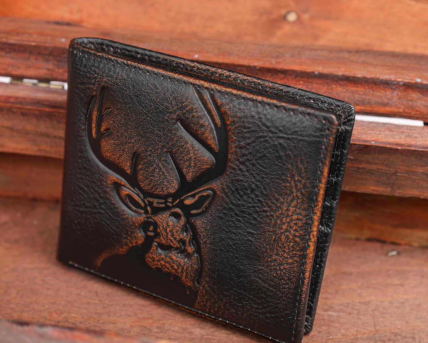 DK86 Deer Bifold Wallet for Men RFID Blocking Full Grain Leather With Hand Burnished Extra Capacity Multiple Card Slots with 2 ID Windows (black orange with deer) - Image 2