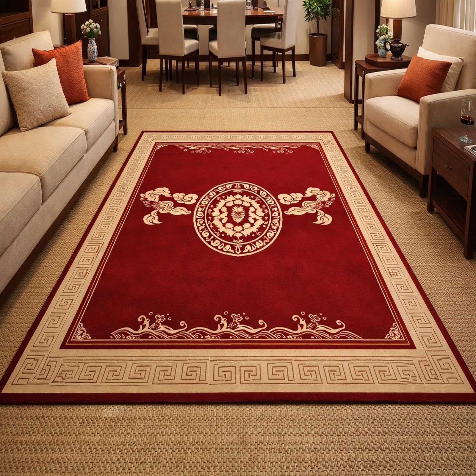 Grand tapis lavable oriental rouge vintage 200x240 pour salon et bureau