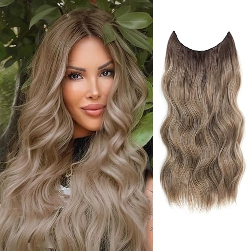 Extensiones de cabello castaño y gris con alambre invisible con diadema extraíble, 4 clips seguros en extensiones de cabello rizado, extensiones de