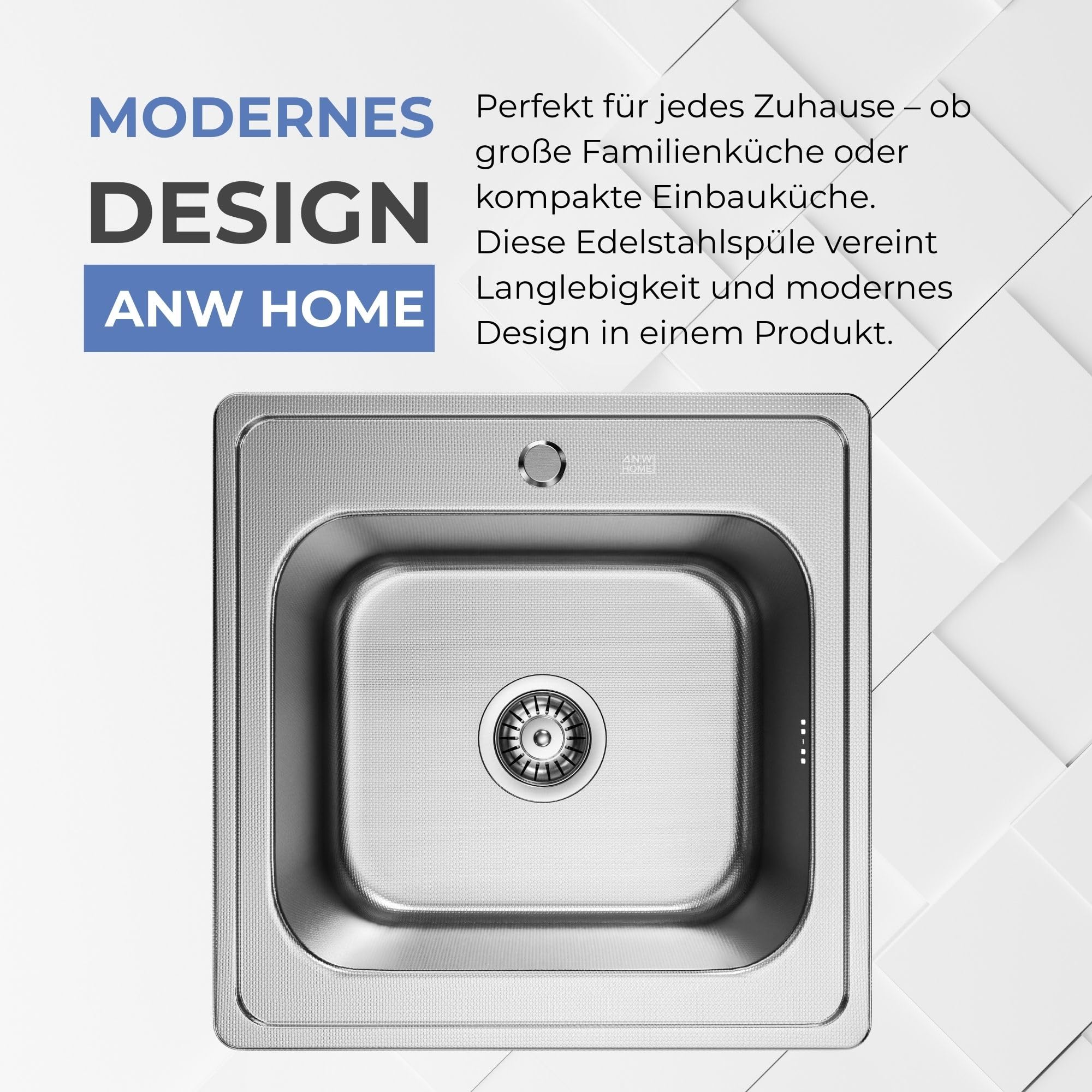 ANW HOME Fregadero Cocina 1 Seno, Fregadero sobre Encimera de Acero Inoxidable 48x48 cm, Color Plata, Acabado Antirrayas, Espesor 1 mm, 18 cm de Profundidad, con Sifón