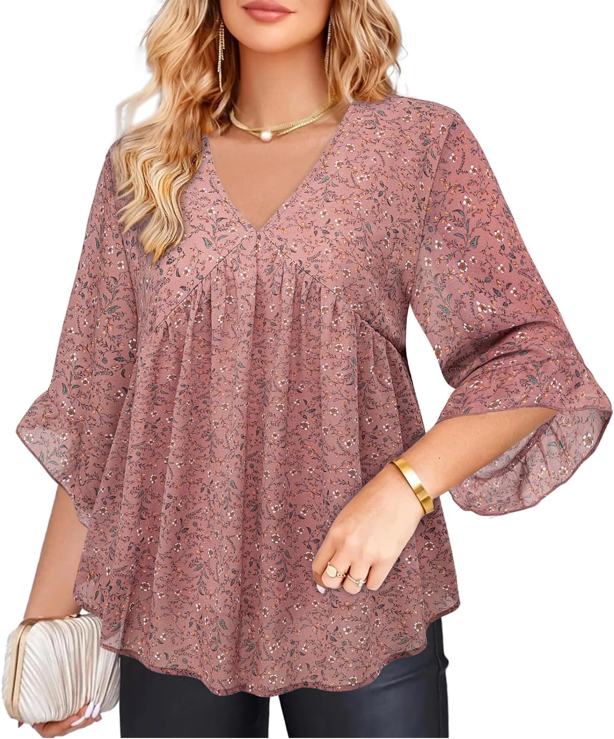 Amrto Womens Tops Plus Size Fashion Chiffon Blouses 3/4 Sleeve Ruffle Dressy Casual Cocktail Party Business Wedding