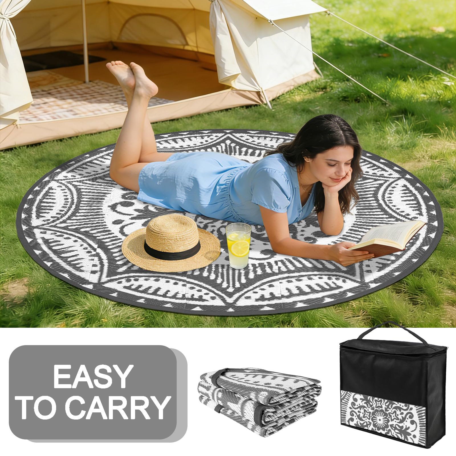 Capslpad Tappeto rotondo per esterni, diametro 150 cm, tappeto da balcone, in plastica, leggero, da picnic, per esterni, per balcone, picnic, campeggio, giardino, grigio