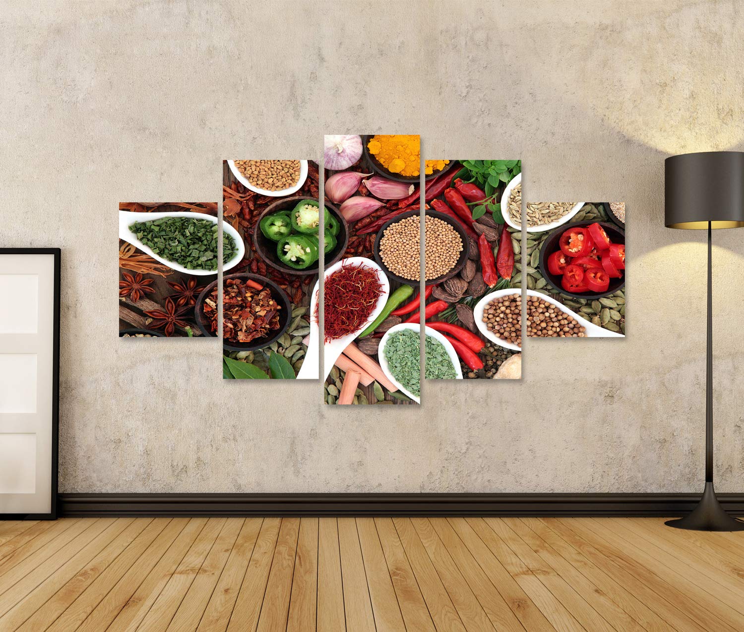 islandburner Quadro su tela Grande collezione di spezie ed erbe in ciotole e cucchiai che formano uno sfondo astratto Stampe Arte Poster Murale