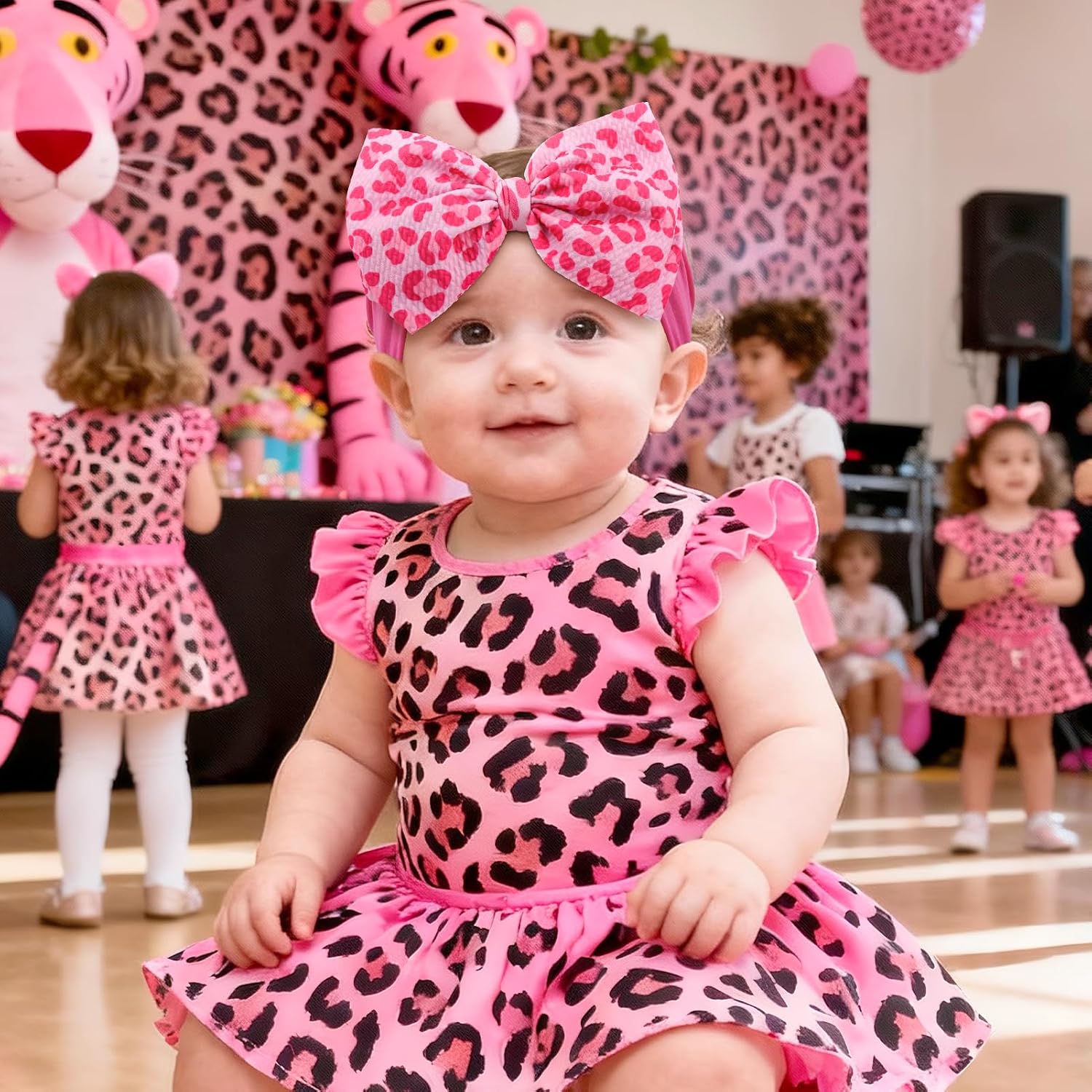 6’’ 3Pcs Baby Girl Bows Leopard Print Hot Pink Headbands for Girls Light Pink Bow Toddler Hair Accessories Newborn Infant Baby Hair Wrap