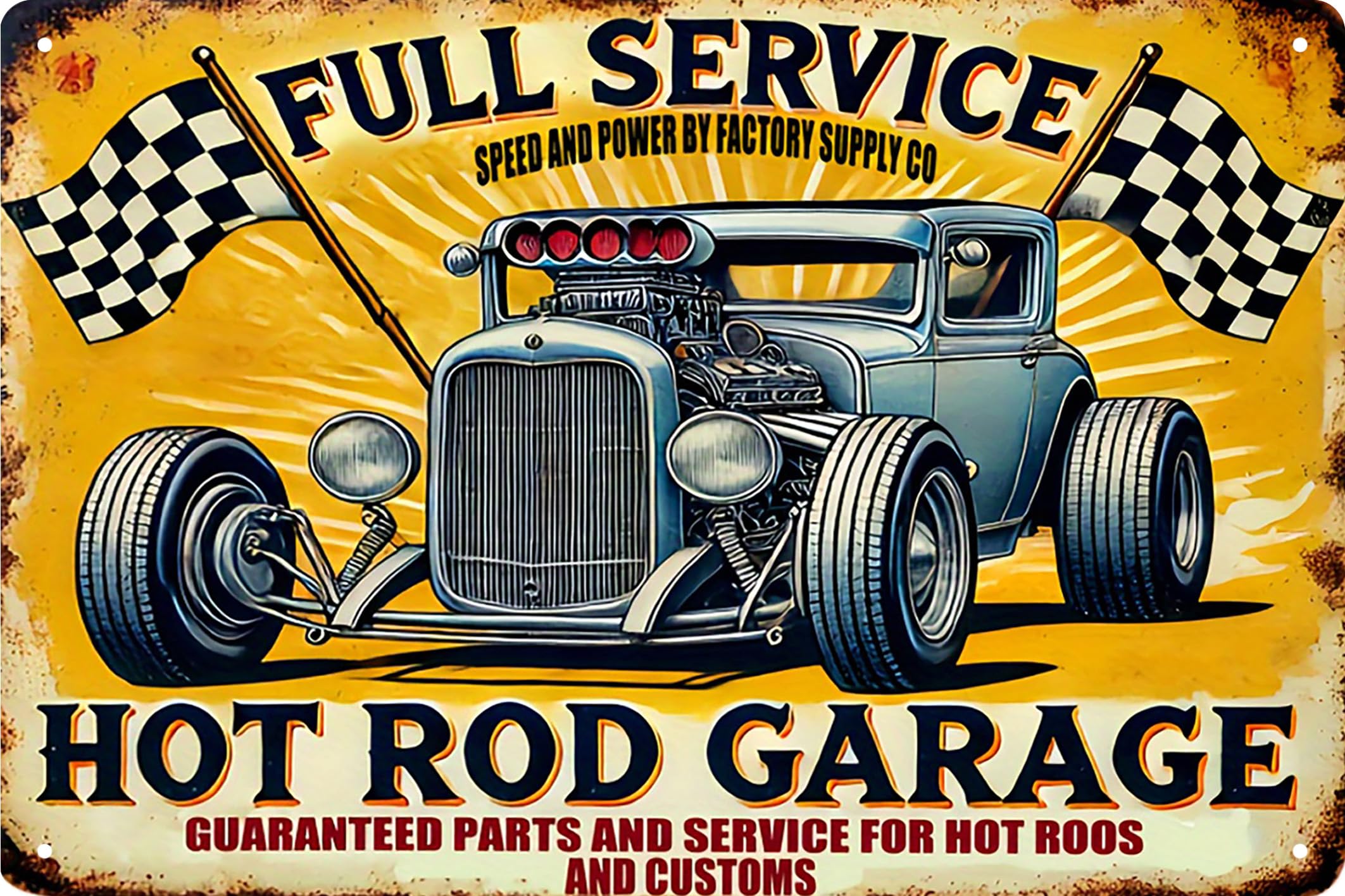 Vintage Racing Tin Sign, Retro Garage Metal Sign, Car Lover Gift,Wall Decor for Man Cave,Cars Room,Bar, Cafes Pubs,Outdoor Patio 8x12 Inches (HOT ROD GARAGE)