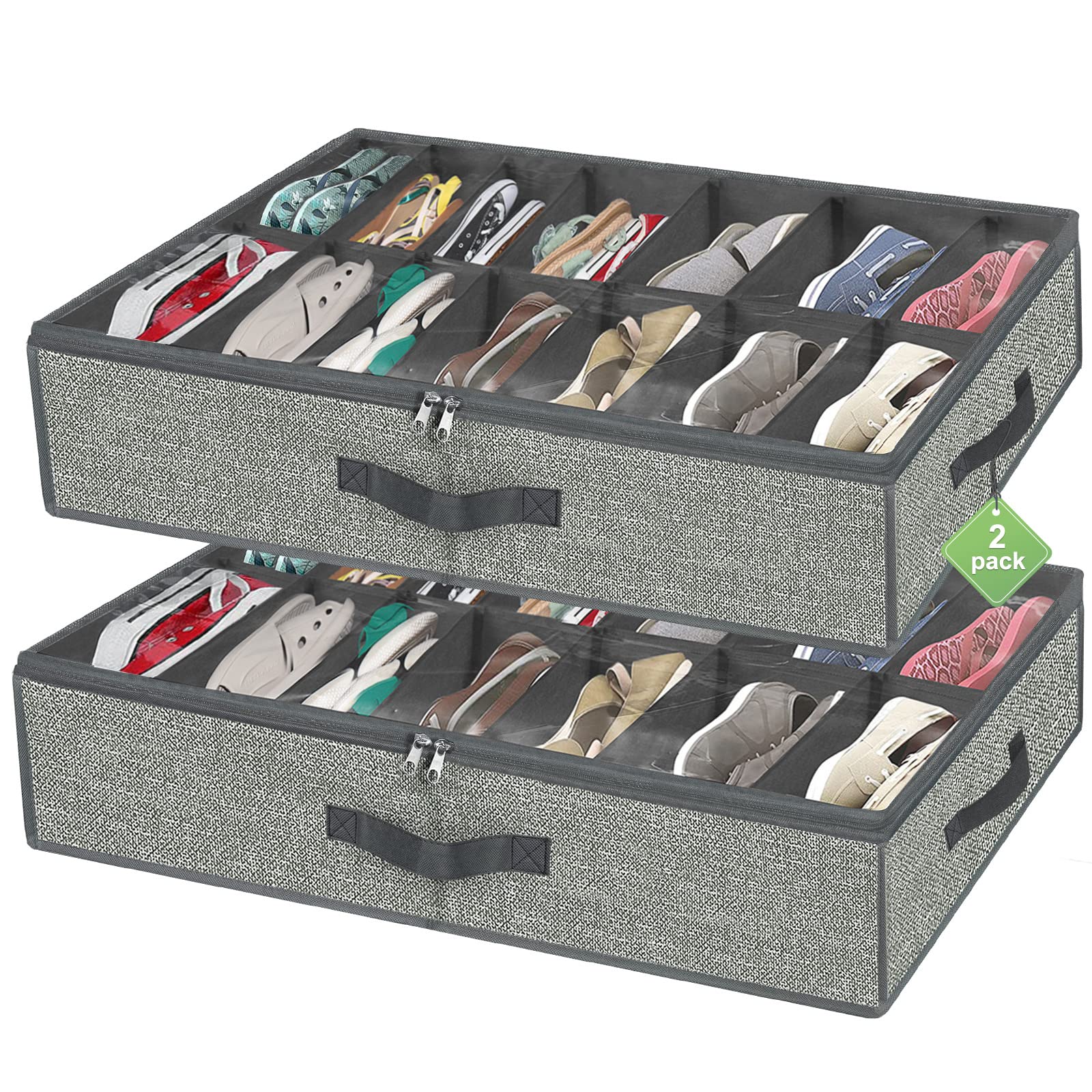 Shoe Organizer Under Bed, Underbed Shoe Storage Boxes Bins, Organizador De Zapatos, Extra Large Zapateras Organizer Fits 28 Pairs Shoes, Grey, Set of 2