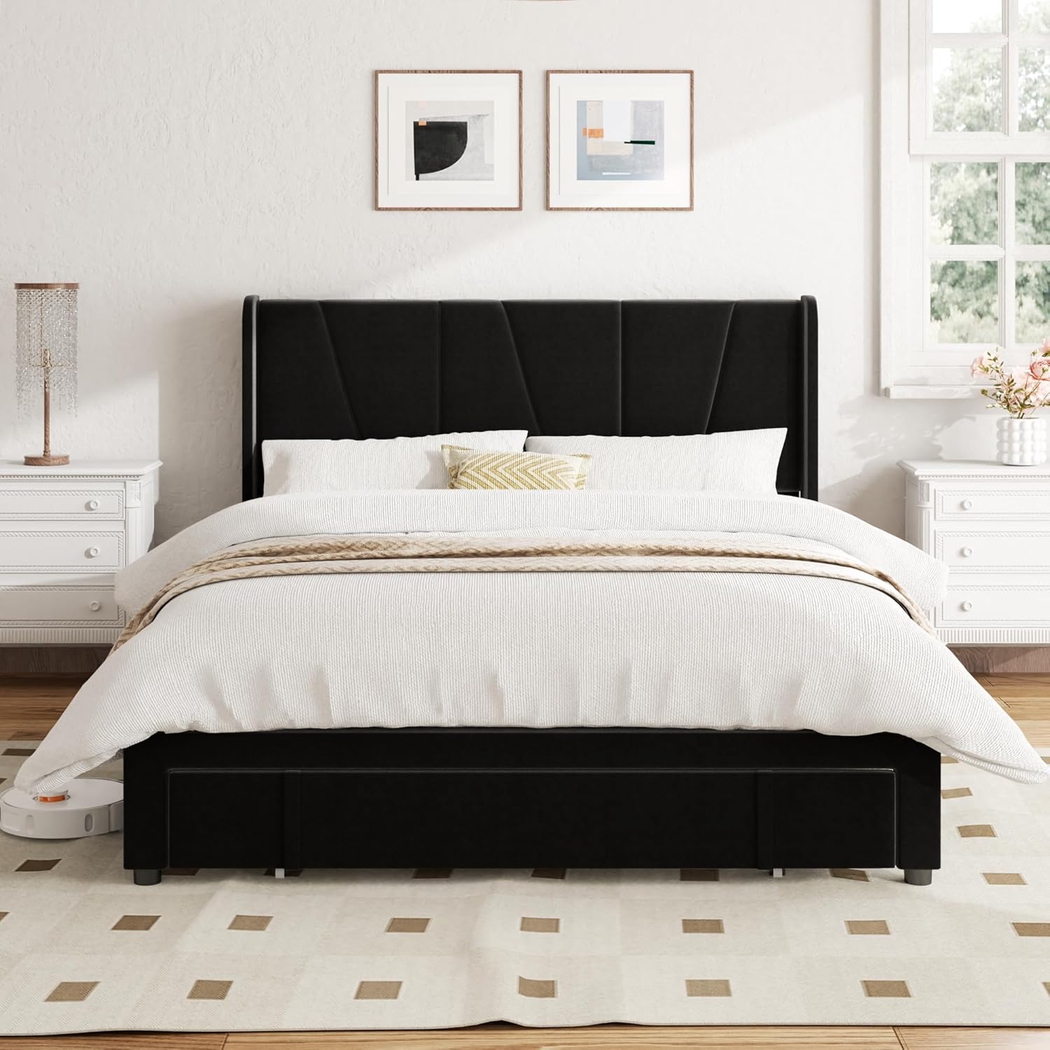 Queen Bed Frame with Storage Drawers, Upholstered Platform Bed with Wingback Headboard, Solid Wooden Slats Support, Easy Assembly, No Box Spring Needed, Black