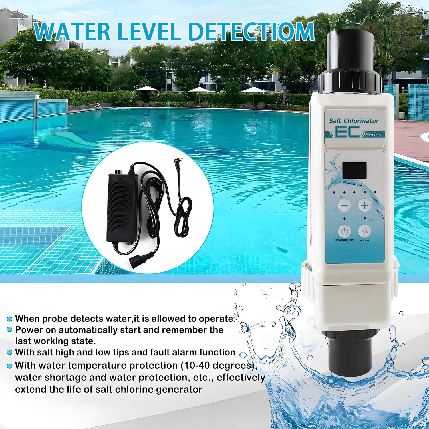 Célula para clorador salino y Dispositivo de cloración por electrólisis; diseño con Estructura Desmontable, Indicadores de Niveles de Sal (Alto/bajo) y función de Alarma de fallo. 20g/H