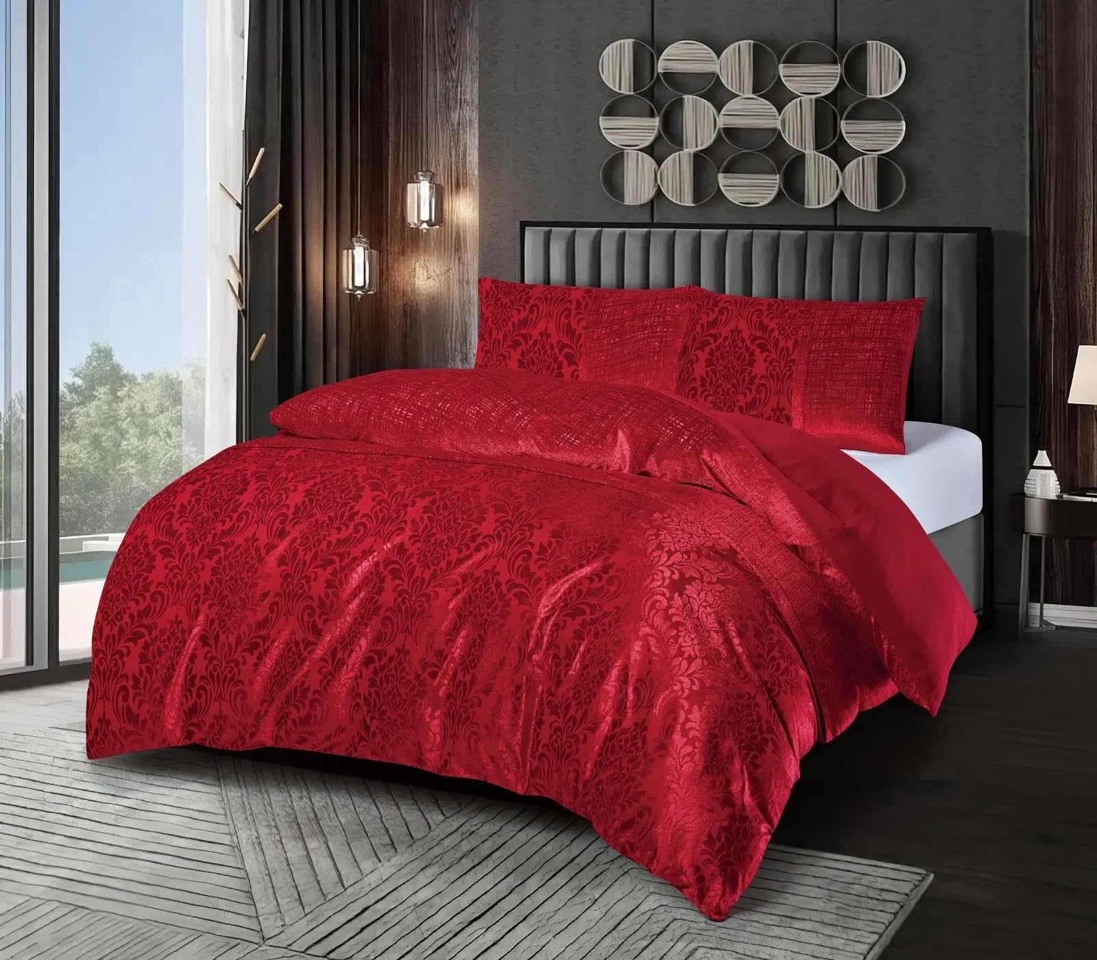 Emilia Crushed Velvet Damask Duvet Cover Set – Luxury Reversible Bedding Set with Pillowcases – Super Soft Jacquard Design – Premium Velvet Quilt Cover Set (Red, Super King)