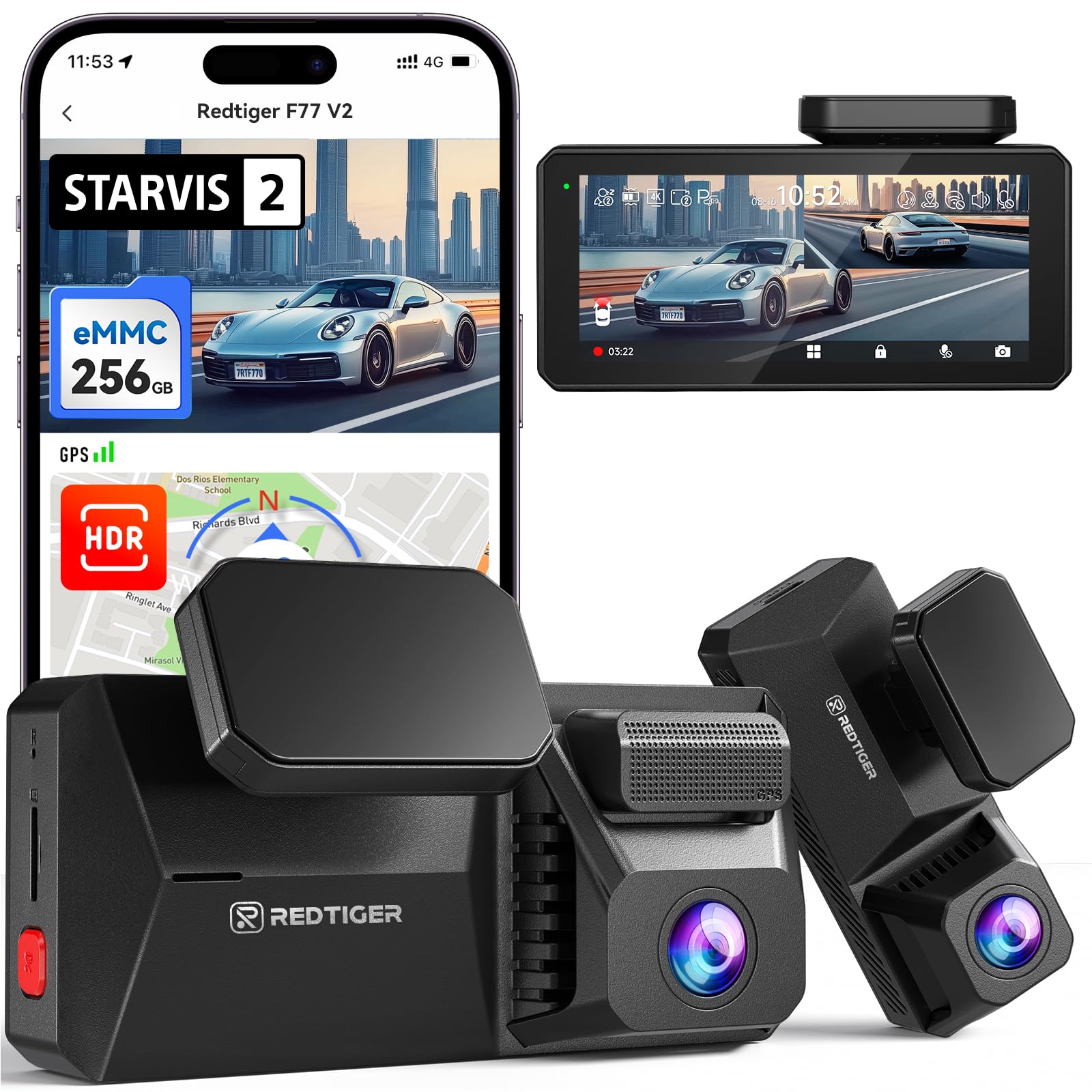 REDTIGER Dual 4K kamera samochodowa z 256 GB eMMC, STARVIS 2 IMX678 Dash Cam z przodu i z tyłu z podwójnym HDR, sterowanie głosowe, 4-calowy ekran dotykowy, zintegrowane 5,8-GHz WiFi, GPS, noktowizor