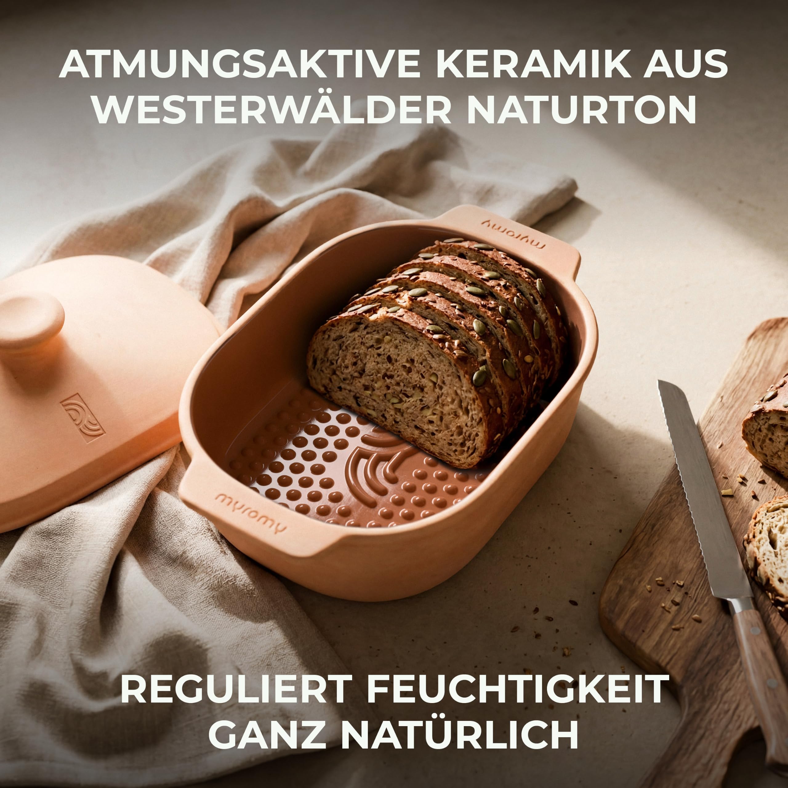 myromy® Brot-Frische-Topf 3,5 L Medium Keramik – Brottopf | Atmungsaktive Keramik hält Brot natürlich frisch – plastikfrei, stilvoll auf der Anrichte – Design für jeden Tag