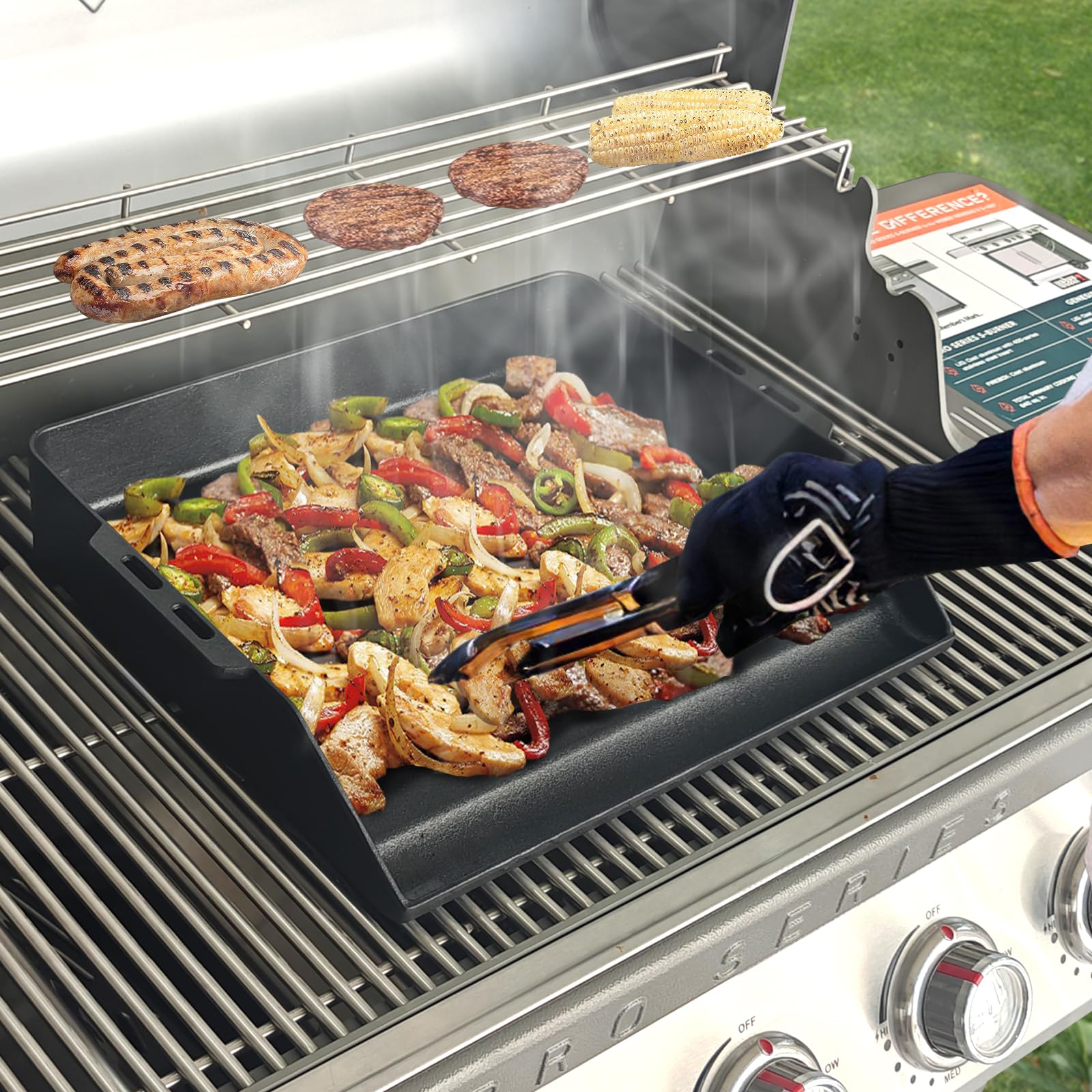 Denmay Plancha universelle en fonte de 48 x 36 cm pour barbecue à gaz, four et cuisinière, poêle pour RÖSLE VIDERO, Weber, CharBroil, Enders, Campingaz, Tepro et plus encore avec gouttière à graisse