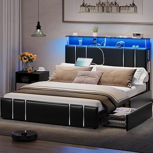 Miniatura 1 de VIAGDO Base de cama de tamaño matrimonial con cabecera de estantería y 4 cajones de almacenamiento, base de cama matrimonial tapizada de cuero con