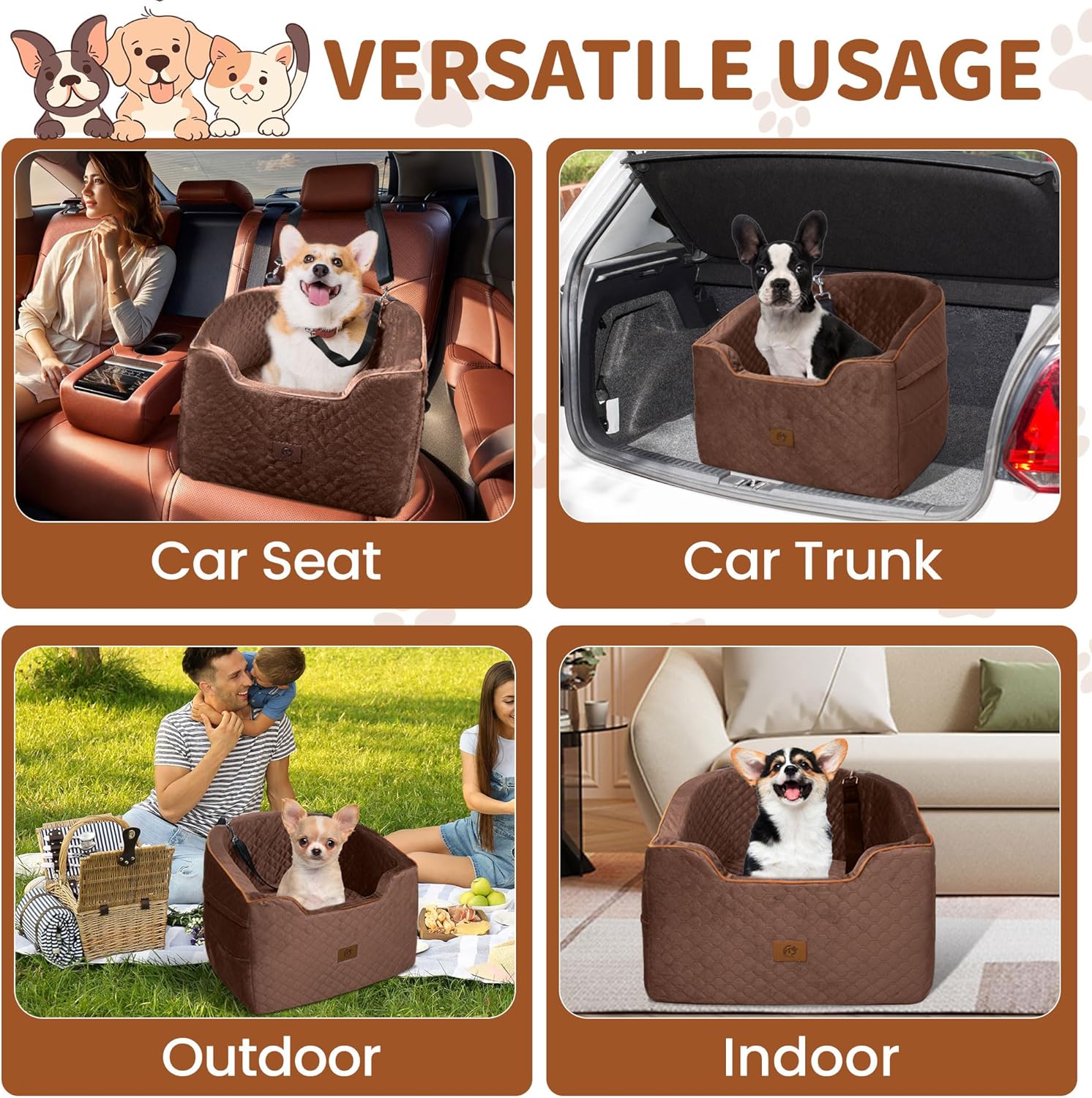 OTOB Memory Foam Dog Car Seat for Small Medium Dogs, Adjustable All Season Booster Car Seat for Dogs up to 37 lbs, Washable Detachable Pet Puppy Dog Bed with Thick Cushion, Brown
