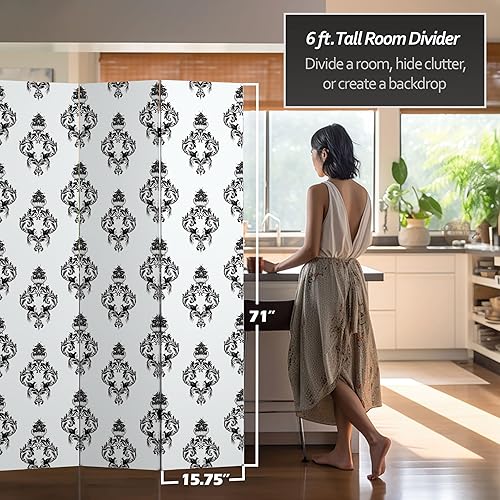 Miniatura 6 de Red Lantern Divisor de habitación de 6 paneles de lona de damasco blanco y negro de doble cara de 6 pies de alto
