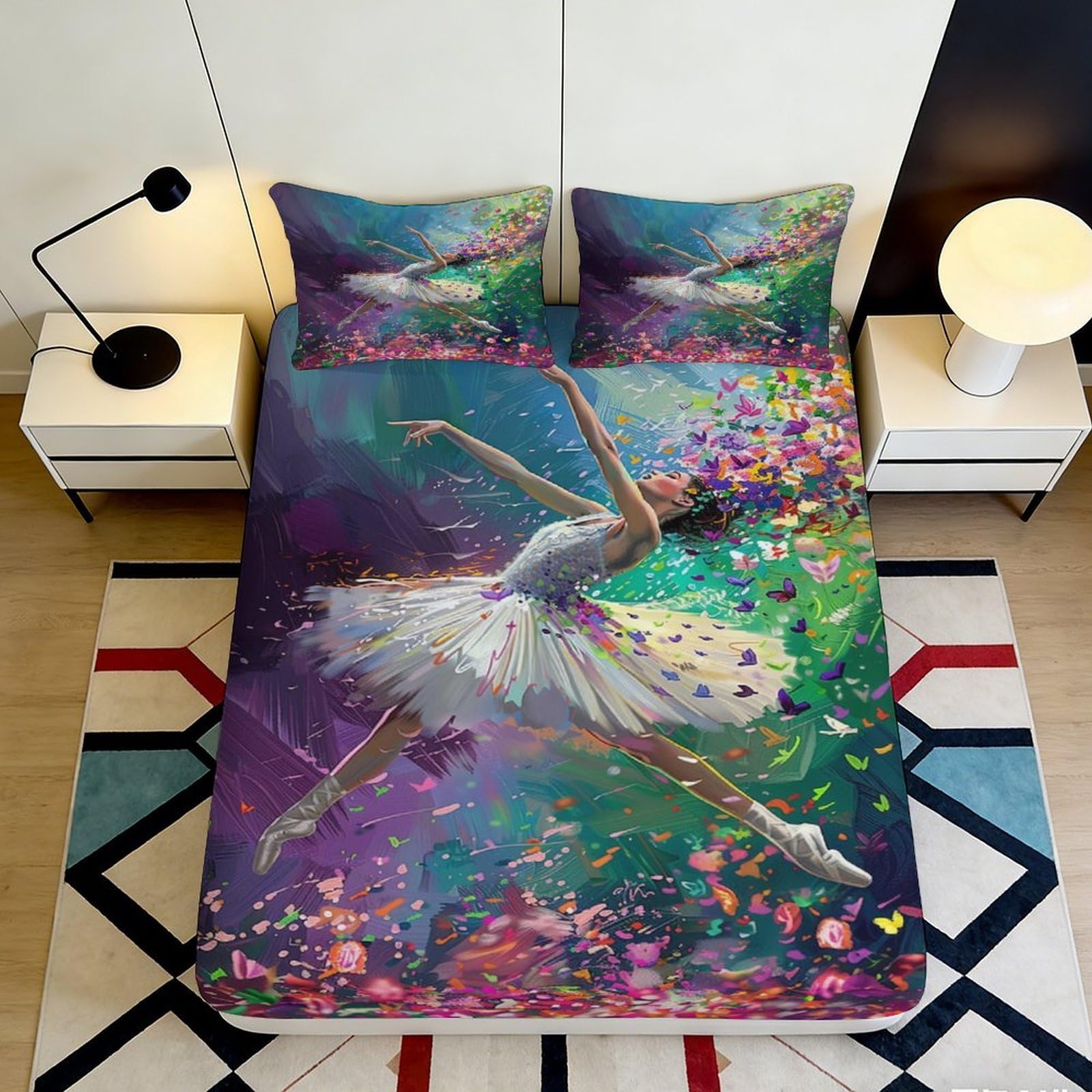 3D Printed Ballet Dancer Fitted Sheet Microfiber Soft Artistic Floral Bed Cover for Bedroom Guest Room Mattress Decor 90x200x25cm