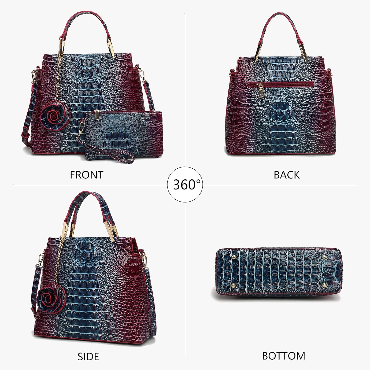Gradient Tote Bag for Women with Wallet, 2-Piece Crocodile Purse Set, Large Structured Shoulder Bag for Work