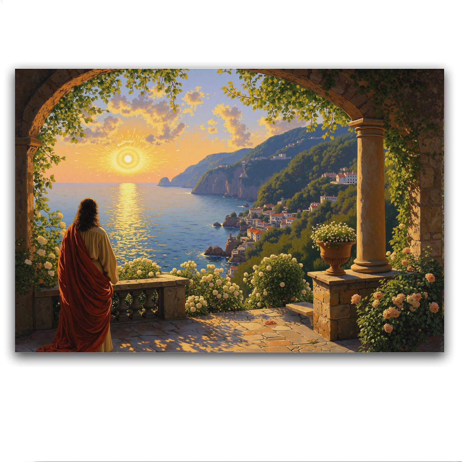 Religious Wall Decor Jesus Christ Jesus at Amalfi Coast Canvas Oil Painting Abstract Christian Vintage Scripture Art Rustic Inspirational Wall Art Modern Artwork for Bedroom Living Room Bathroom