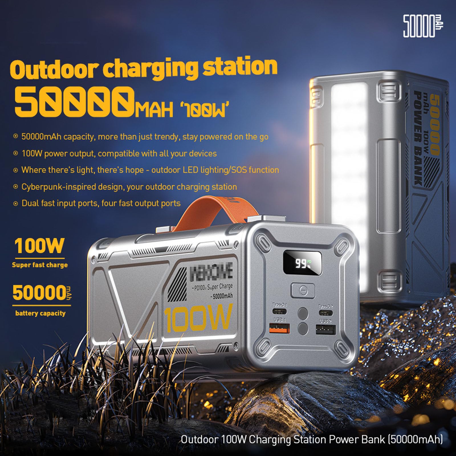 Cargador portátil Power Bank, 50000 mAh, Alta Capacidad, 100 W, Carga rápida, con 4 Salidas y Pantalla LCD para teléfonos Inteligentes y tabletas,Grey