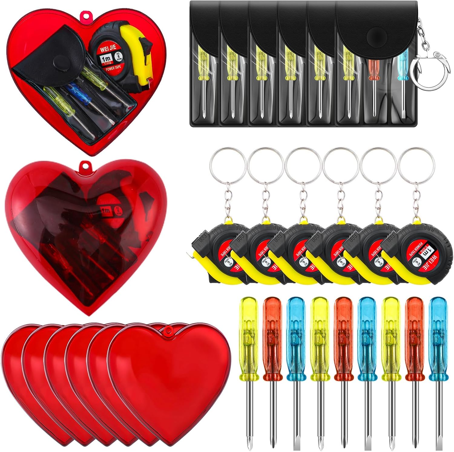 Kingdder 36Pcs Valentine Gift Set for Men Mini Tape Screwdriver Keychain Heart Shaped Box Set Boyfriend Husband Adult Gifts Bulk Valentine Tape Screwdriver Keychain for Men Wedding Anniversary