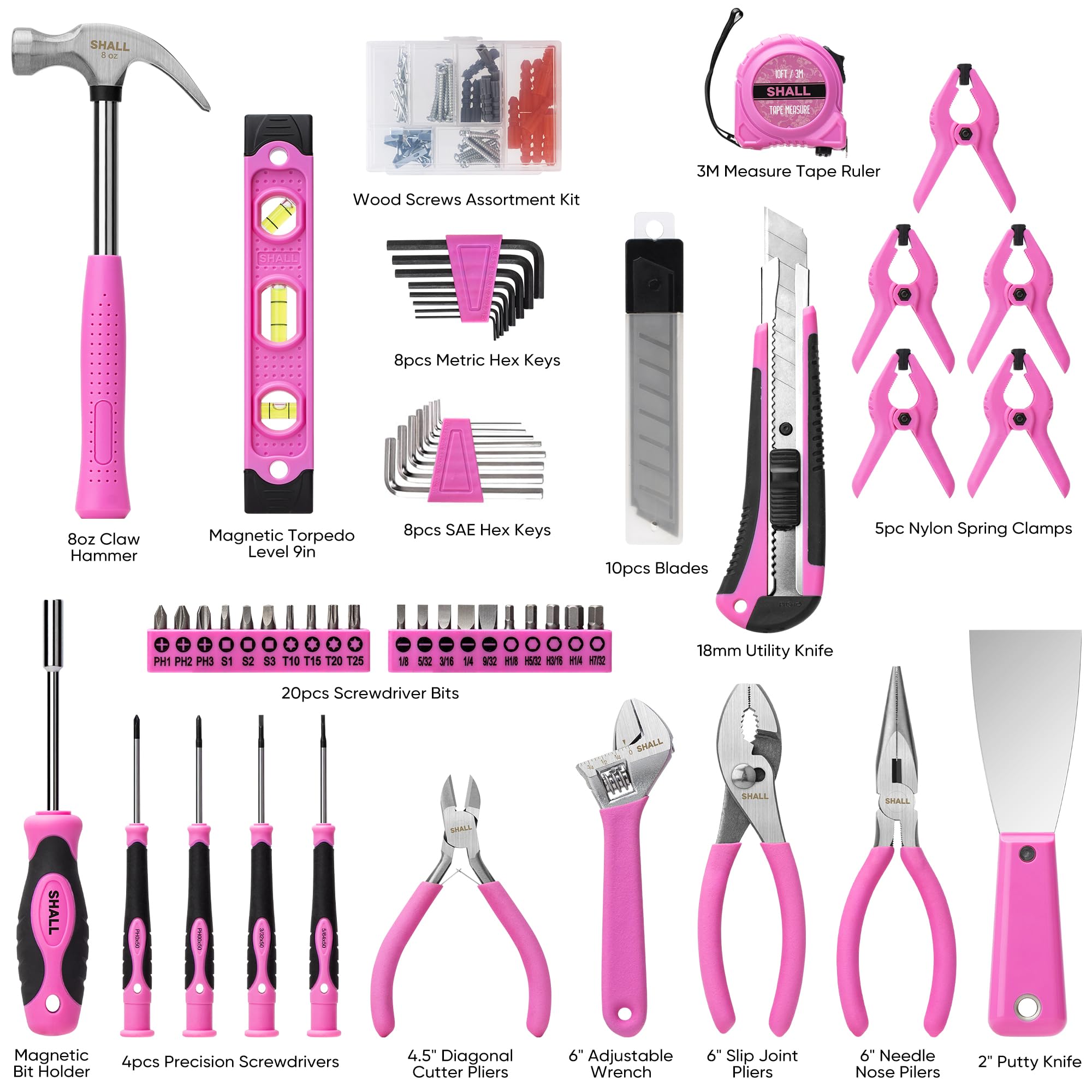 SHALL Kit di attrezzi rosa da 166 pezzi per la casa, cassetta degli attrezzi rosa con set di attrezzi per fai da te e kit di attrezzi per auto, regalo ideale per donne, ragazze e tuttofare a casa