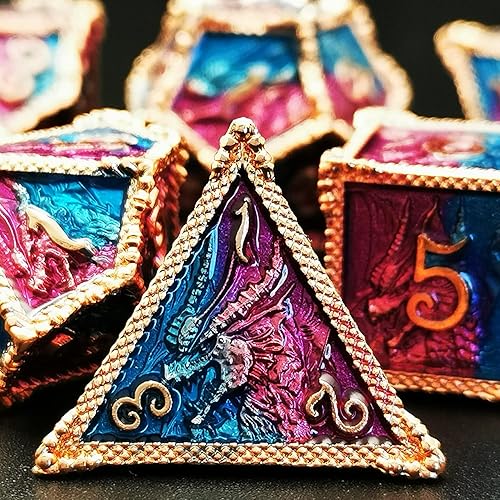 Miniatura 2 de HAOMEJA DND - Juego de dados metálicos de dragón, 7 dados para juegos de rol, dados sólidos D&D, Calabozos y dragones (rojo, cobre, azul y morado)
