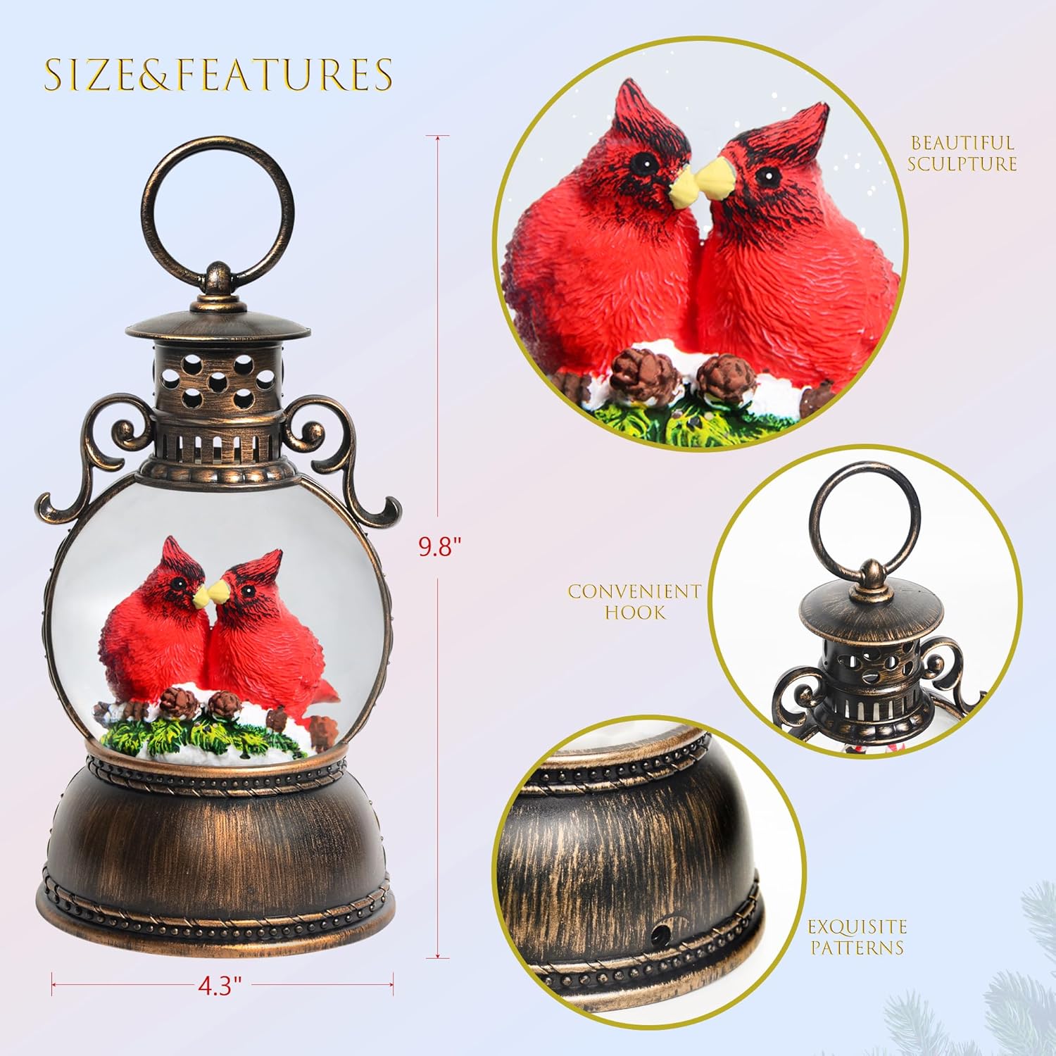 Christmas Snow Globes, Valentines Day Snow Globes, Cardinal Christmas Snow Lantern with 8 Songs, 6H Timer Battery & USB Powered Glitter Music Box for Christmas Table Decorations - Image 4