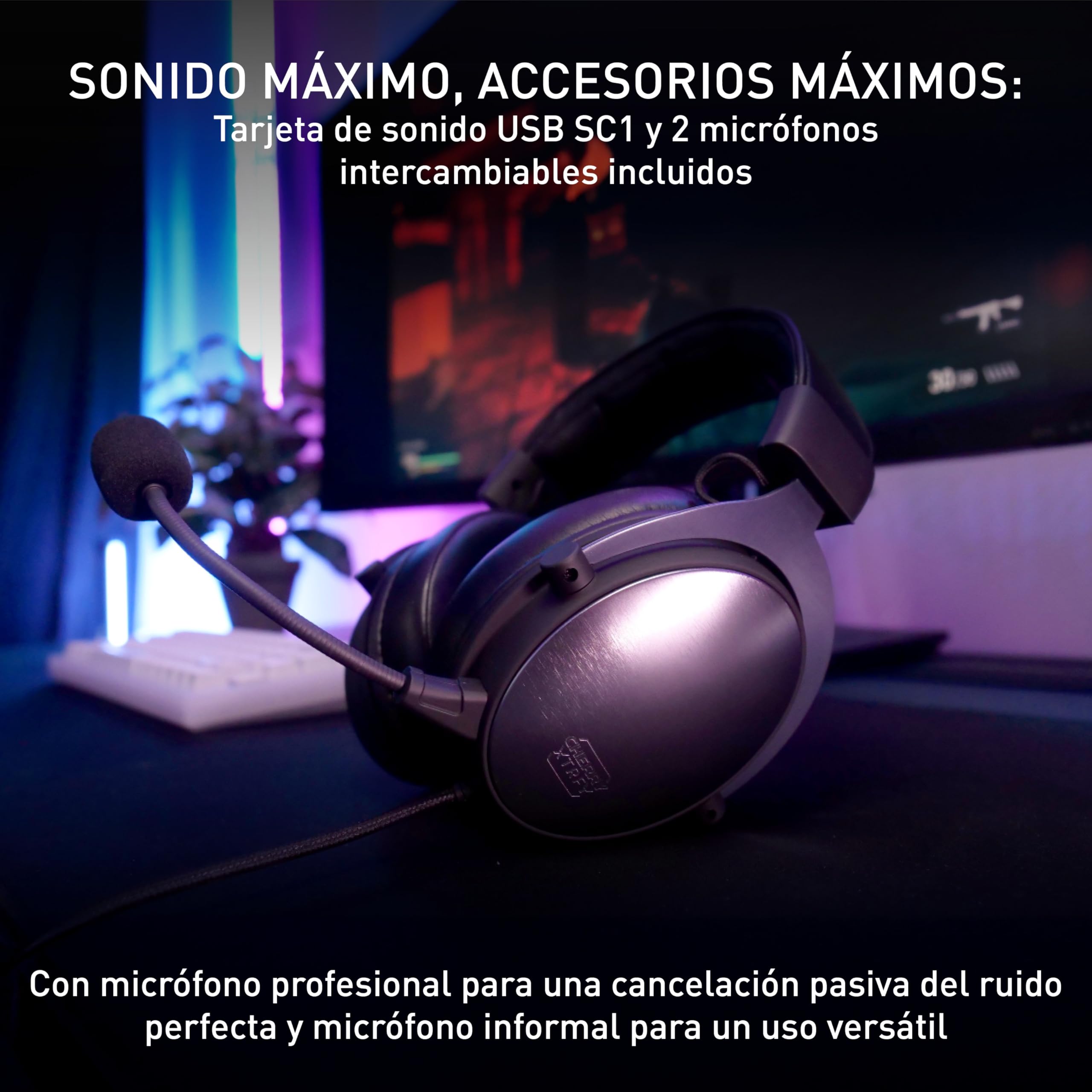 Cherry XTRFY H1, Auriculares Profesionales Gaming, Optimizados para Esports, Almohadillas Grandes con Espuma Viscoelástica, 2 Micrófonos Intercambiables, Negro