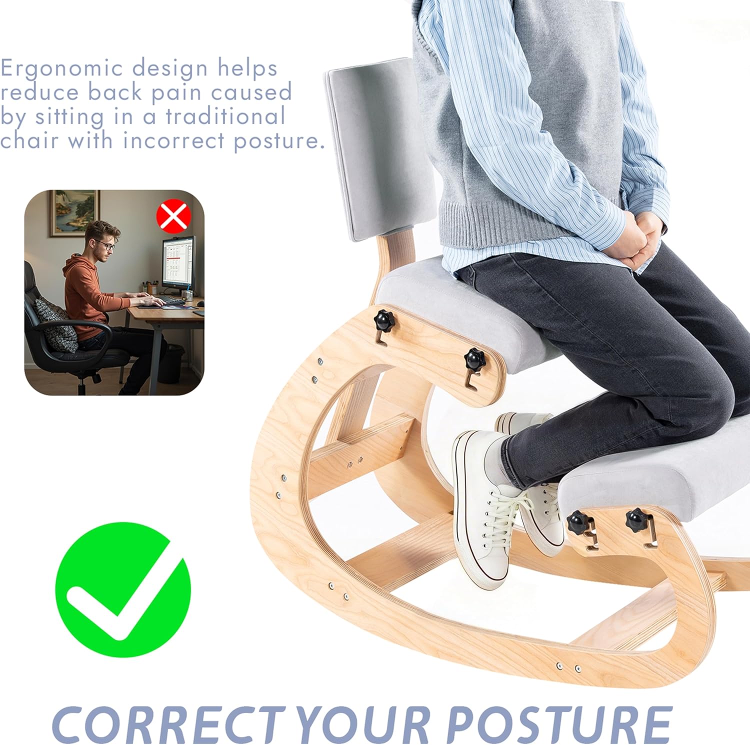 Ergonomic Kneeling Chair with Back Support,Wooden Kneeling Chair Desk for Work, Rocking Office Kneel Chairs for Relieve Back Pain, Kneeling Posture Chairs for Gaming,Home (Light Gray)