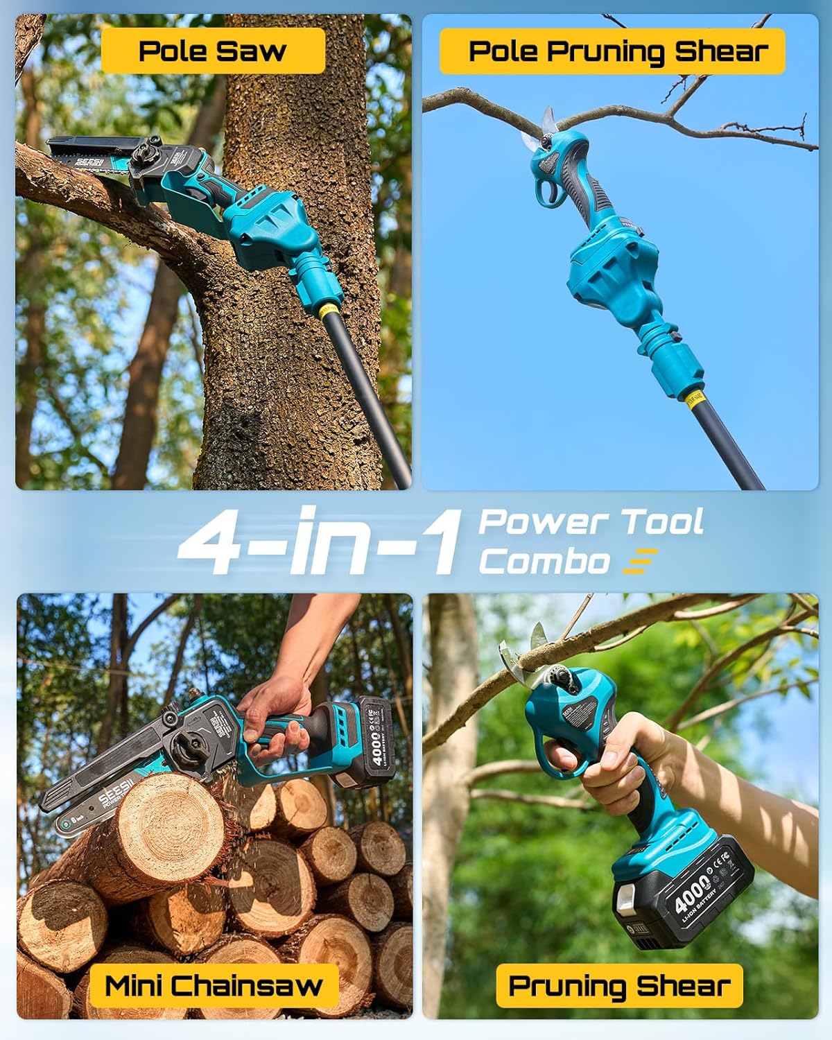 Man cutting logs with the handheld SEESII mini chainsaw