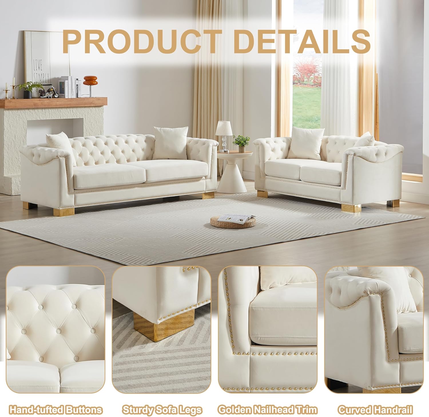 2 Pieces Chesterfield 84" 3-Seater + 62" Loveseat Beige Velvet Sofa Sets, 4 Cushion Classic 6.5" Rolled Arm Modern Couch Suitable for Living Room