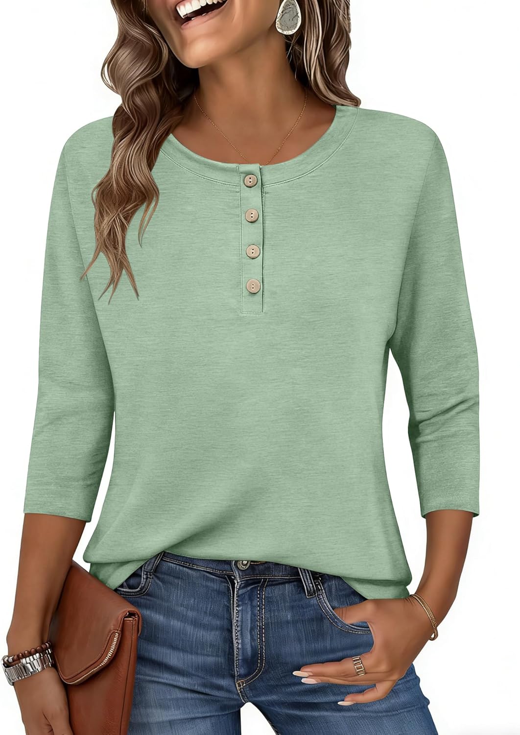 Zeagoo Womens Tops 3/4 Length Sleeve T Shirts Dressy Casual Button Down Blouses Spring Fall Clothes