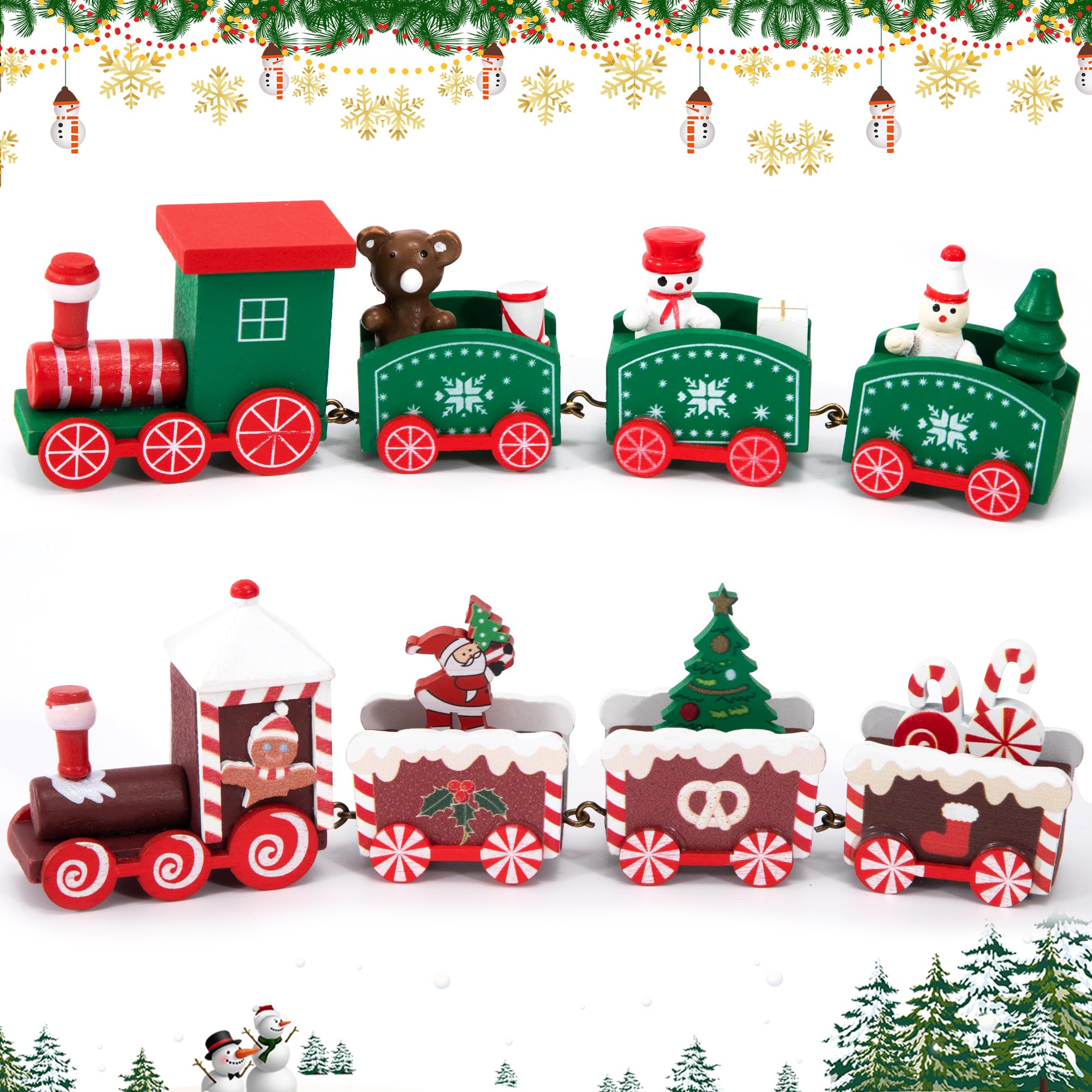 Pequeño Tren Navideño de Madera, 2pcs Mini Tren de Madera Navidad, Adorno del árbol de Navidad con 4 Vagónes Variados, para Decoración del Árbol de Navidad Escritorio, Jardín Niños Regalos Festivo