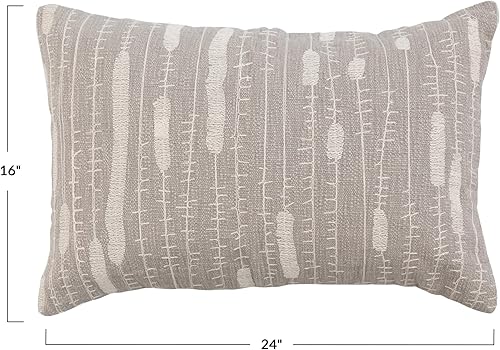 Miniatura 3 de Creative Co-Op Funda de almohada lumbar de algodón con bordado, gris y crema