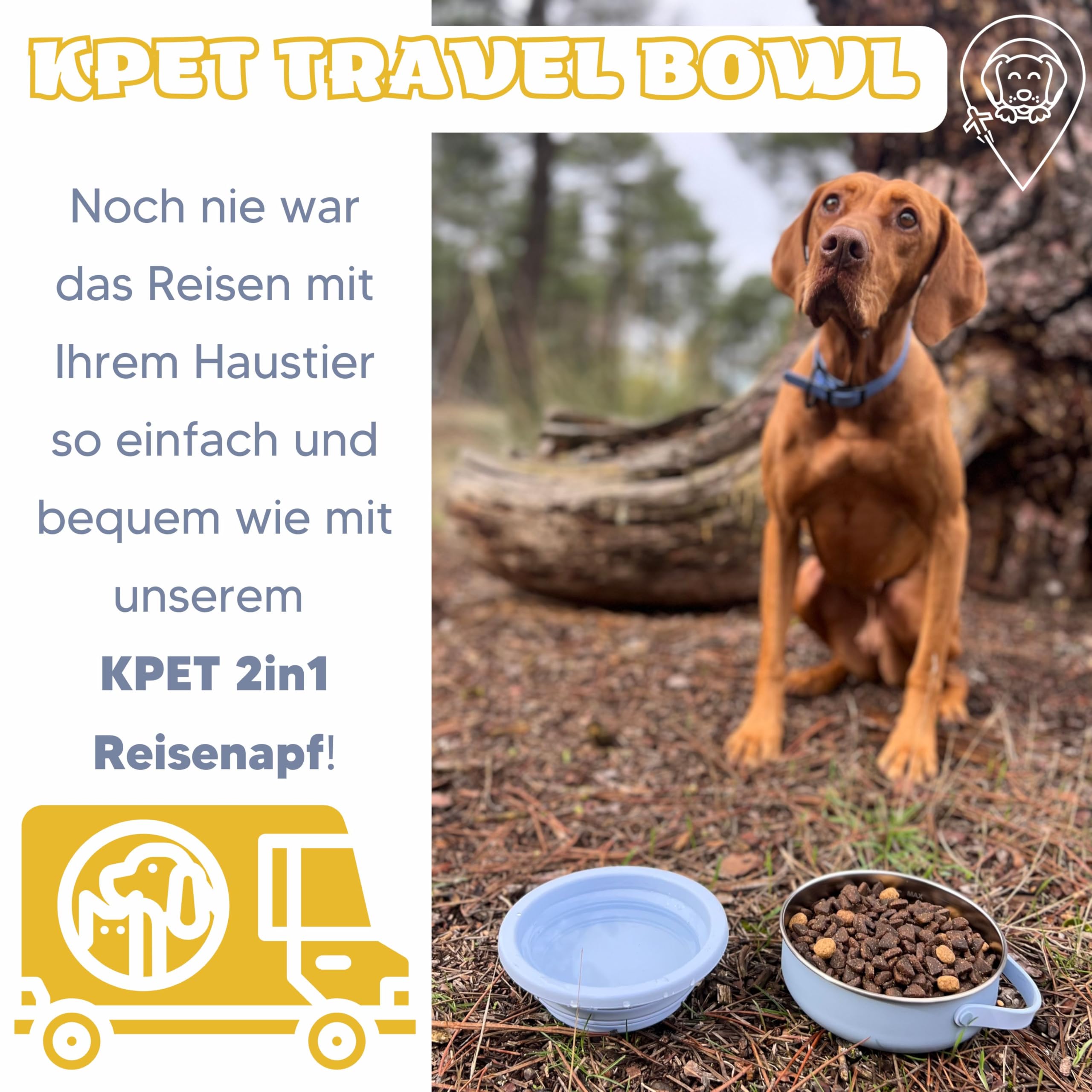 KPET® 2-in-1 Hundenapf Faltbar Für Unterwegs, Futternapf Hund Ideal Für den Alltag, Trinknapf Für den Hund - Reisenapf 900ml, Hundenäpfe Faltbare Reiseschale Edelstahl, Silikon, rutschfest