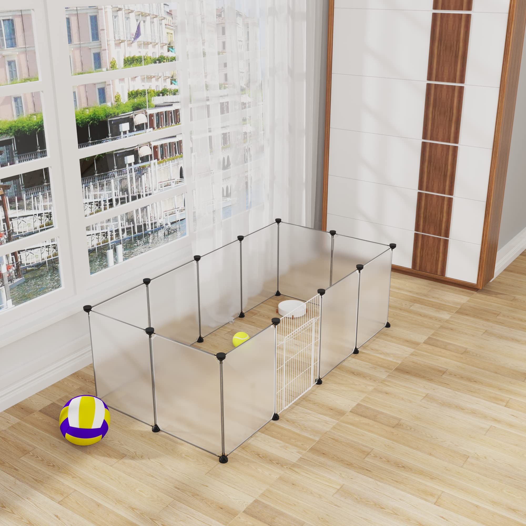 EUGAD Enclos Lapin, Parc pour Petits Animaux avec Porte, Enclos Lapin Interieur en Plastique, Modulable Enclos Cochon d'Inde 12 Panneaux (35x45cm/panneau) 145x75x46cm
