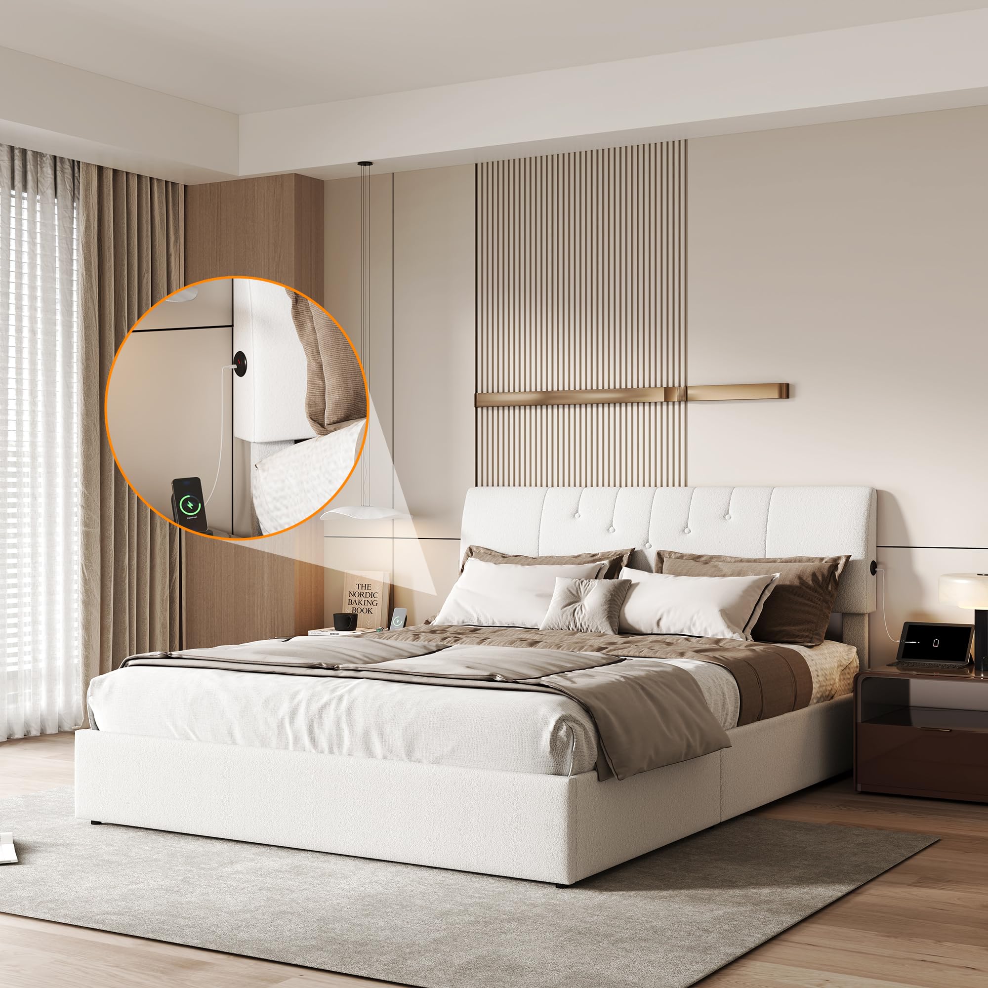 BRILVERDE Letto matrimoniale 140 x 190 con vano portaoggetti con USB, letto cassettiera con rete a doghe e testiera imbottita, per adulti e adolescenti, in pile Teddy (beige, 140 x 190 cm)