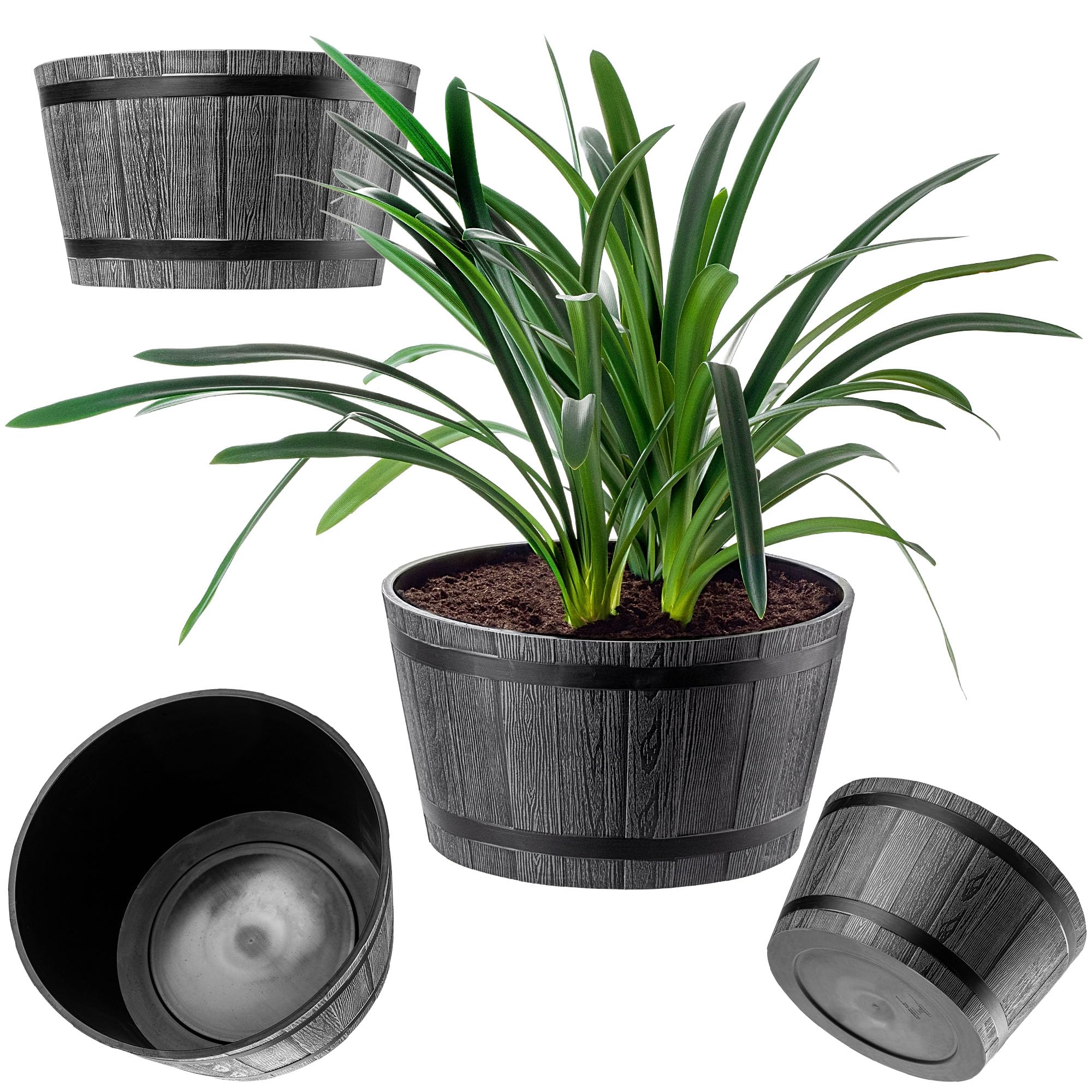 KADAX Pflanztopf im Holzfass-Design, ø 50cm, wetterfest, für Garten & Terrasse, dekorativ, Dunkelgrau, 50cm Teich mit Wa
