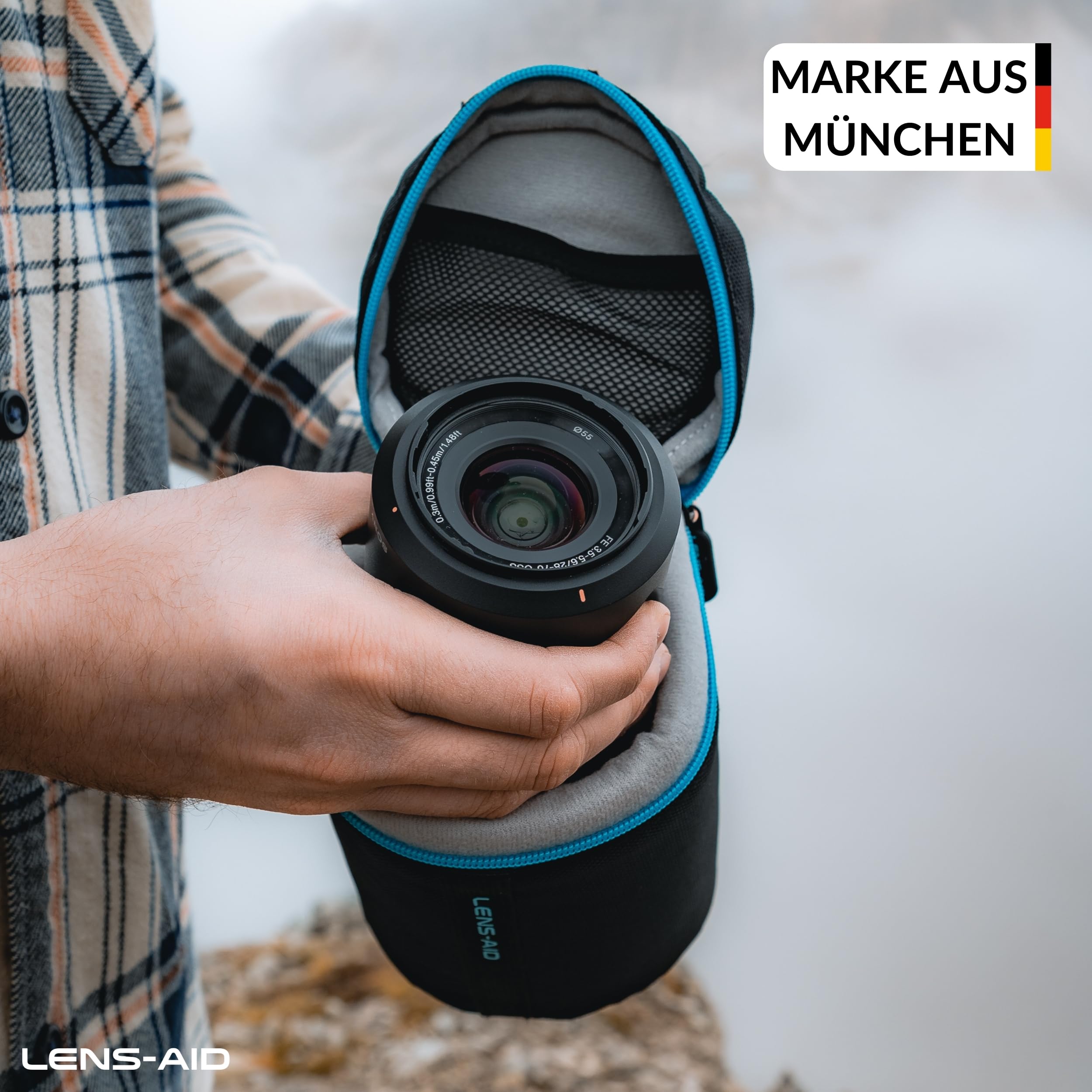 LENS-AID Objektivtasche dick gepolstert: Objektiv-Schutzhülle mit Reißverschluss und Gürtelschnalle