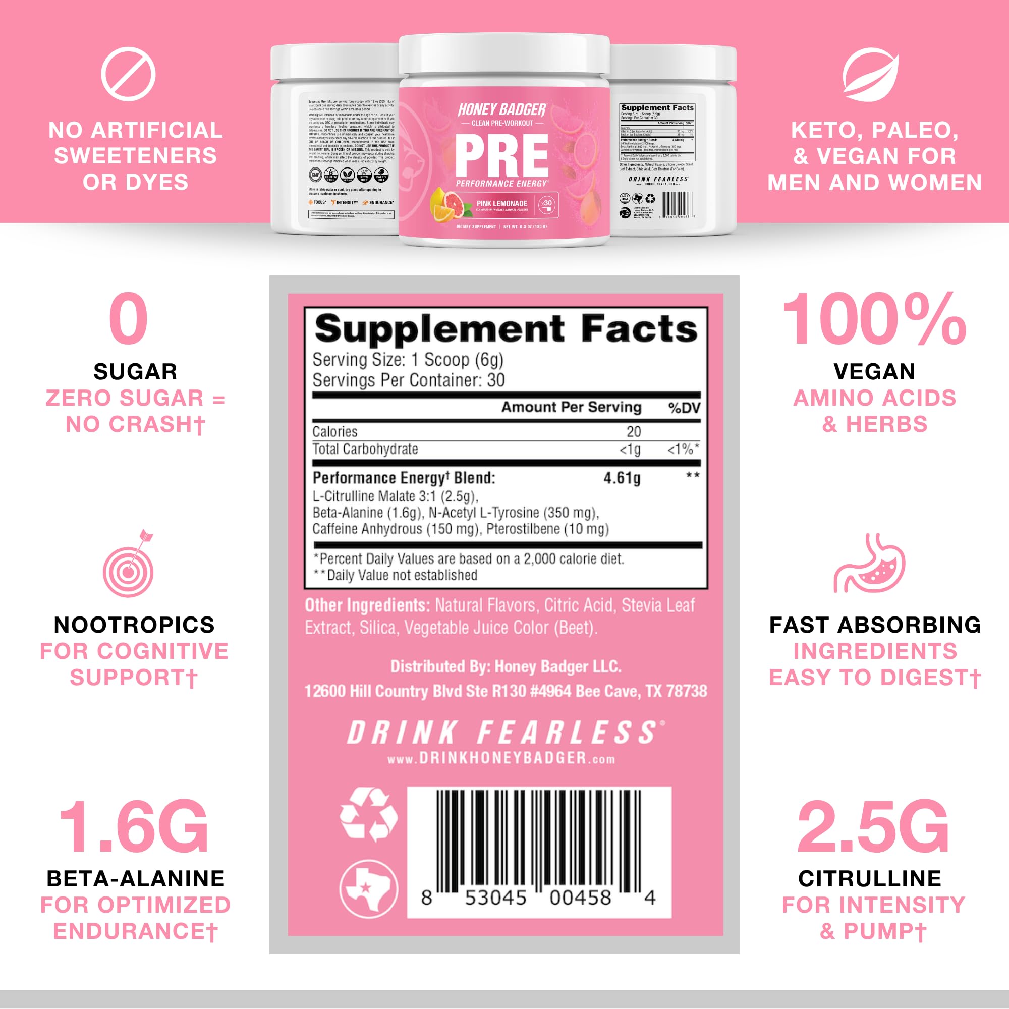Honey Badger Pre Workout Powder, Keto Vegan Preworkout for Men & Women, Beta Alanine & Caffeine, Sugar Free Natural Energy Supplement, Pink Lemonade, 30 Servings — Amazon image 5